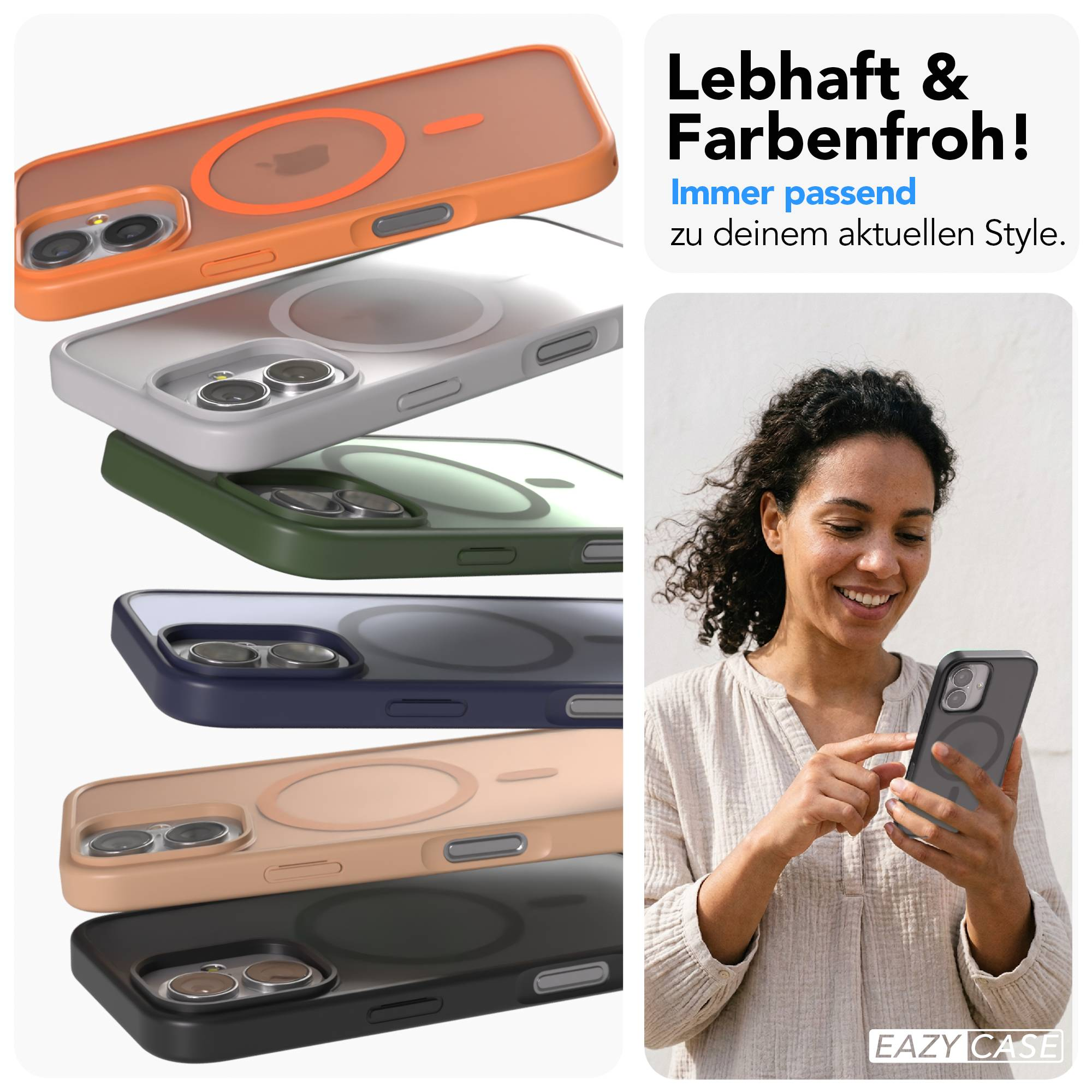Mehrere iPhone-Hüllen in verschiedenen Farben, eine Frau hält ein Handy.