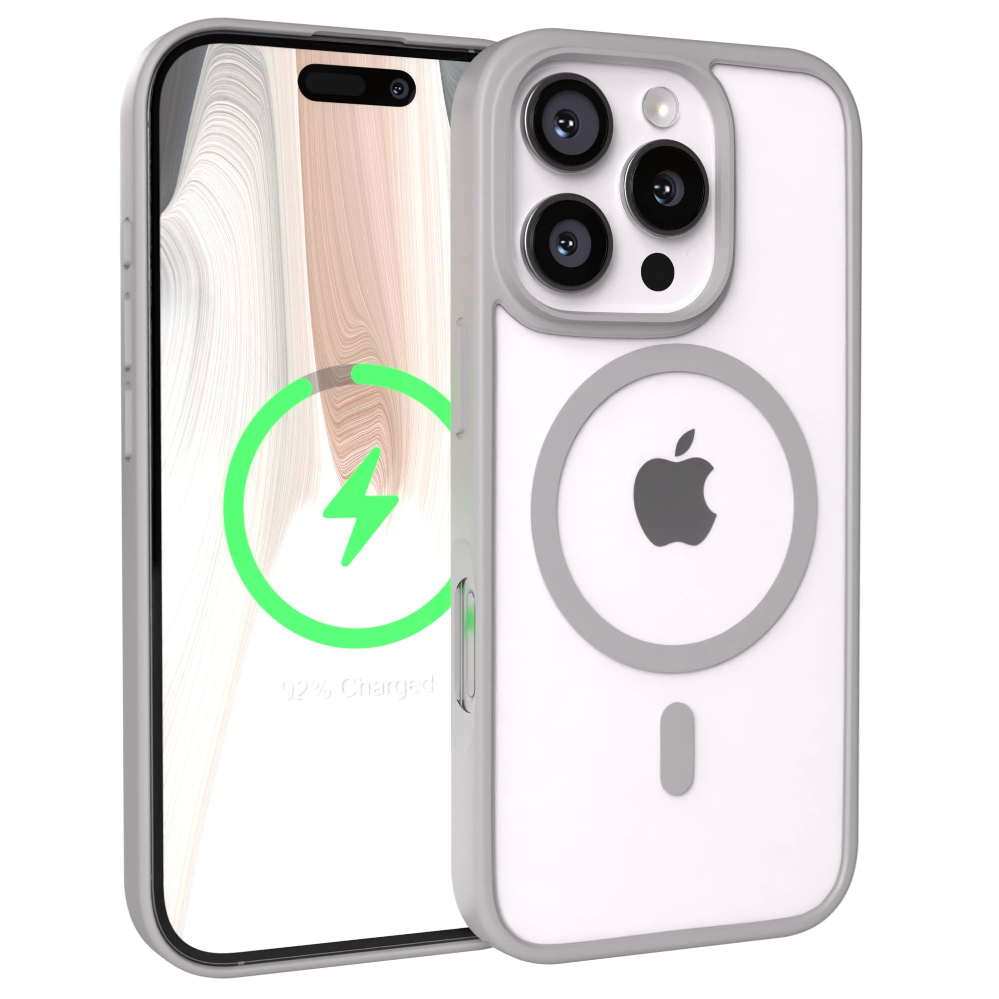 Ein transparentes iPhone-Gehäuse mit grauem Rand, das auf dem Telefon sitzt.
