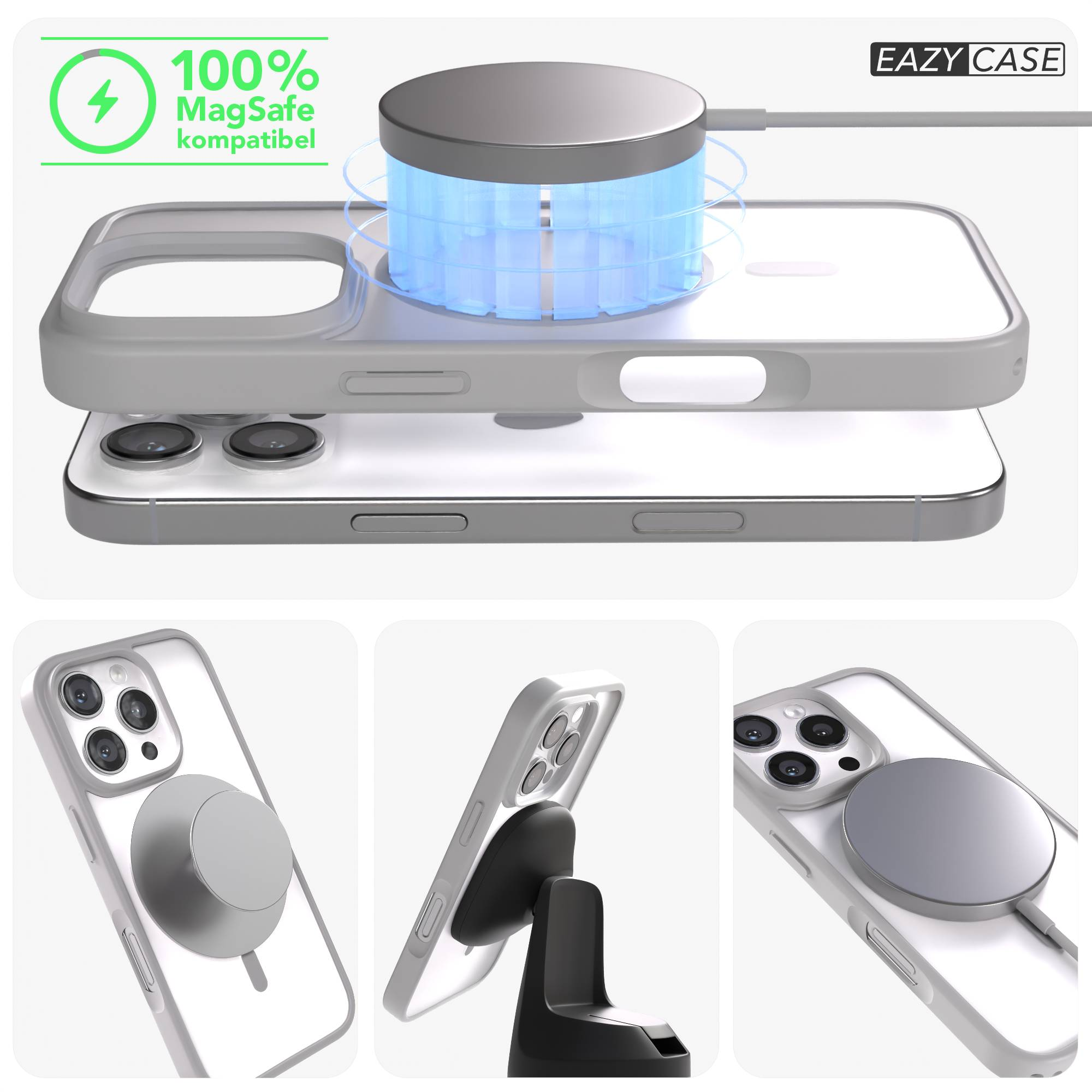 MagSafe-kompatibles iPhone-Case mit Ladegerät und Ständer.
