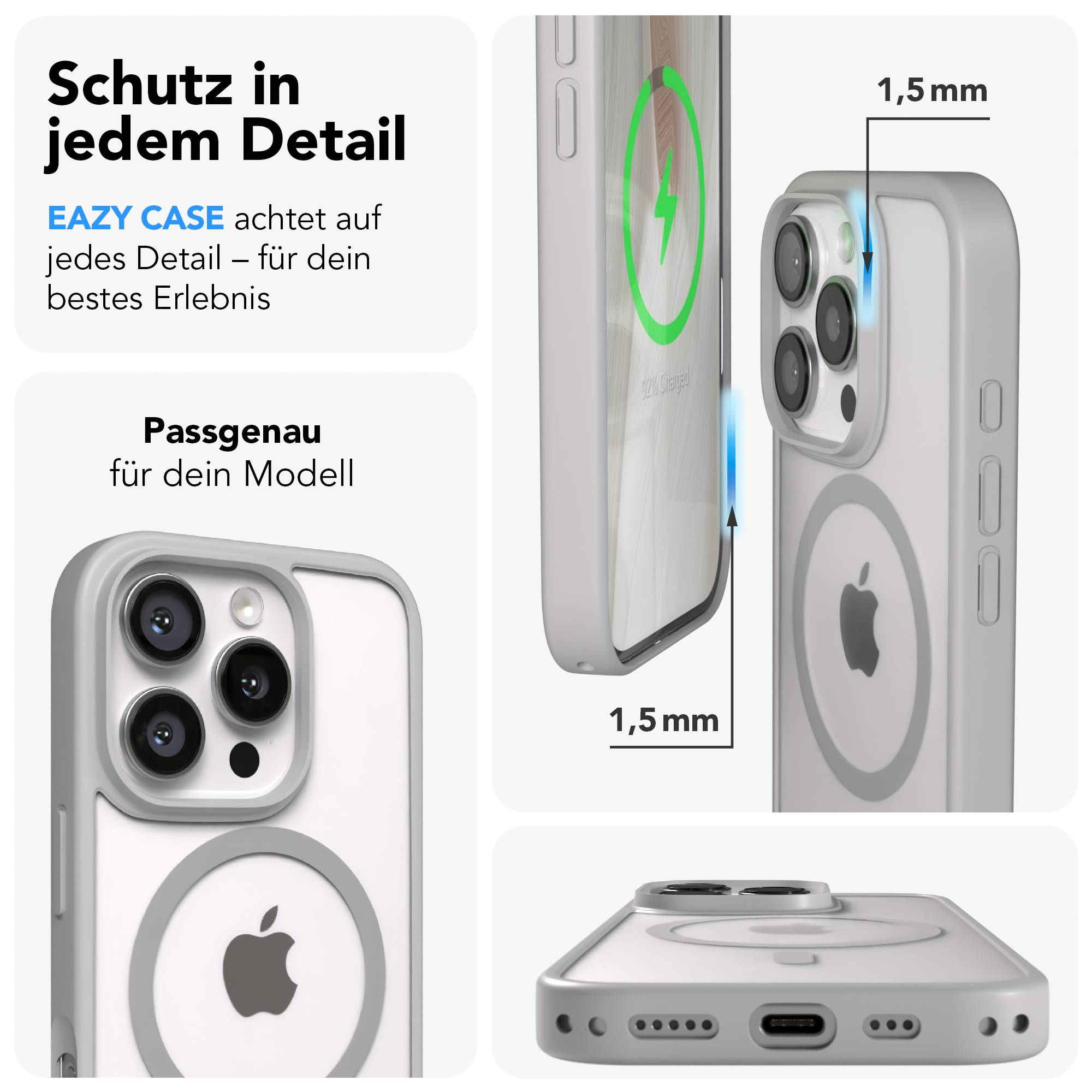 Transparente Hülle für iPhone mit MagSafe, 1,5mm Rand, detaillierte Ansicht.