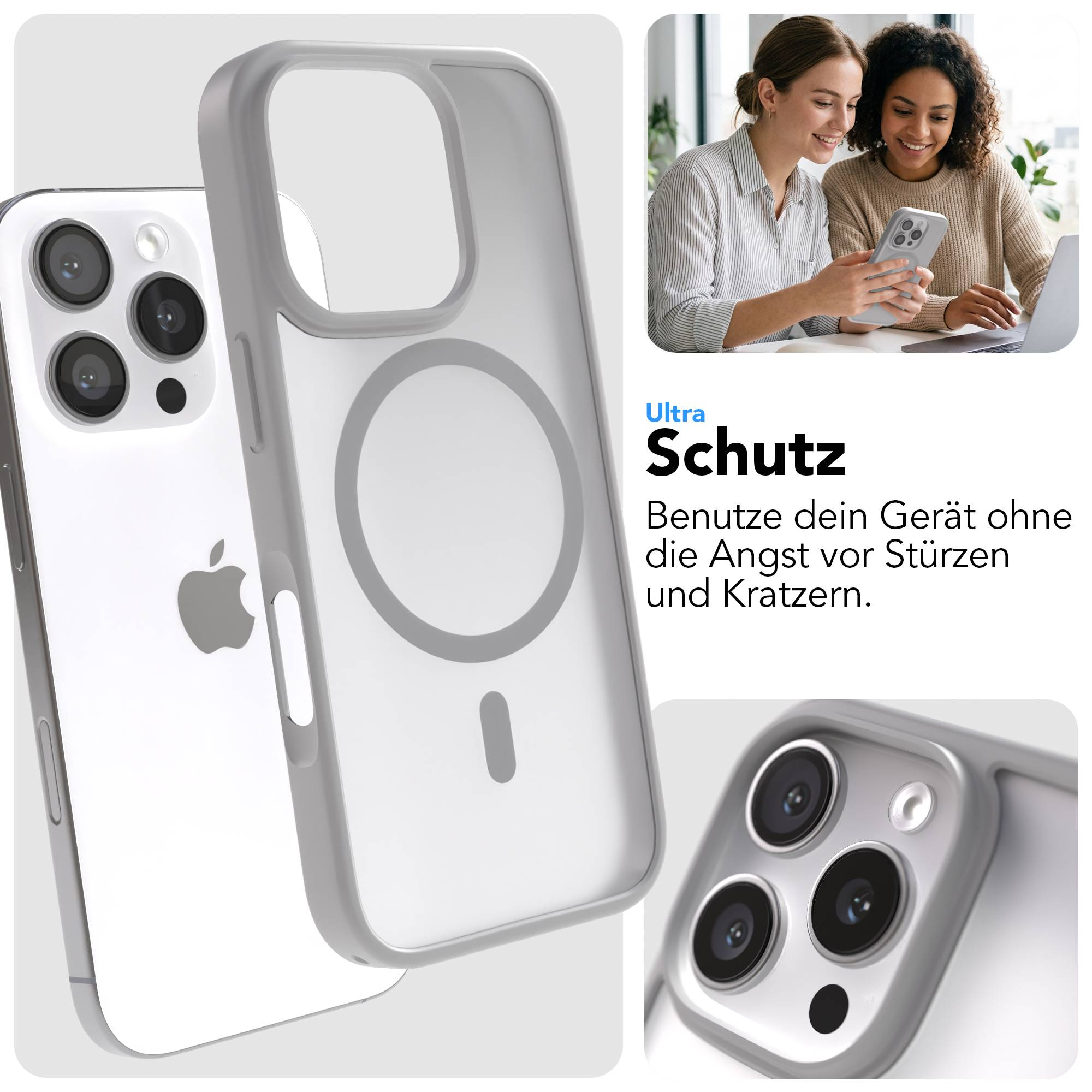 Ein transparentes Handyhülle schützt ein weißes Smartphone mit drei Kameras.