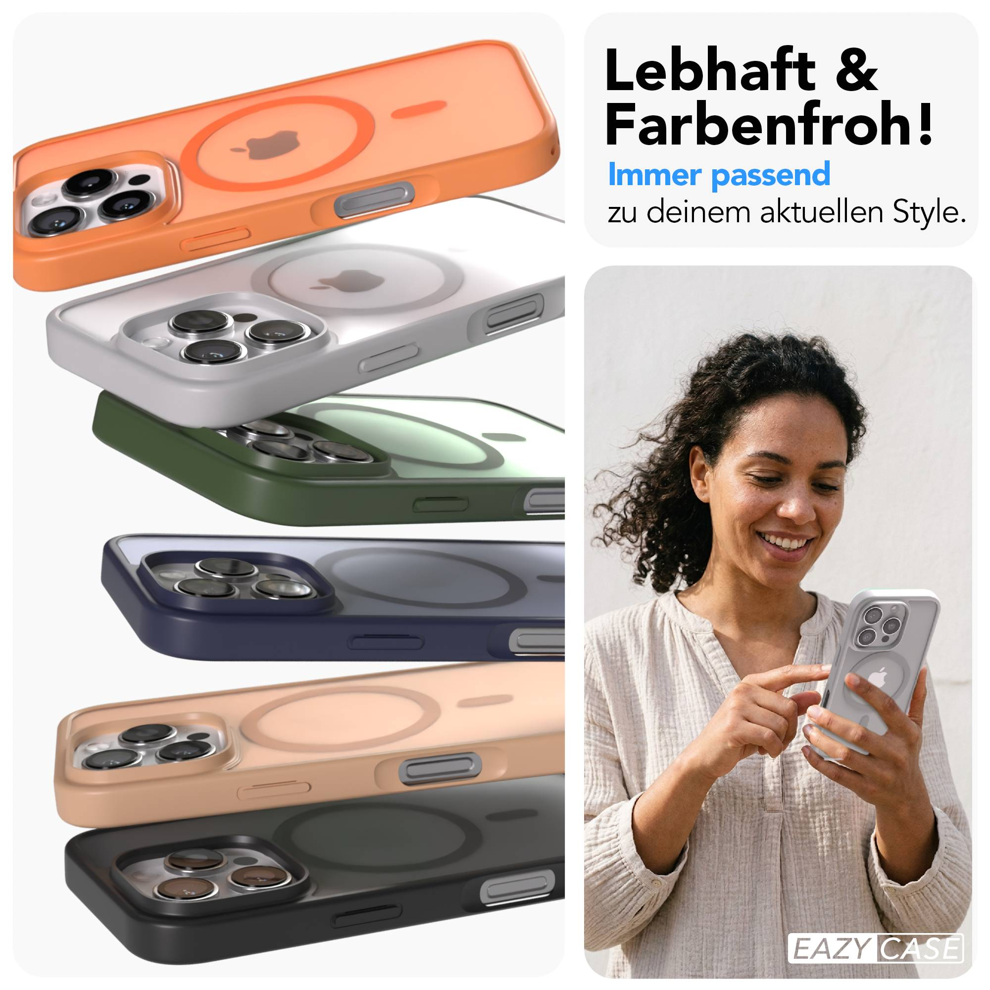 Mehrere iPhone-Hüllen in verschiedenen Farben und eine Frau hält ein Handy.
