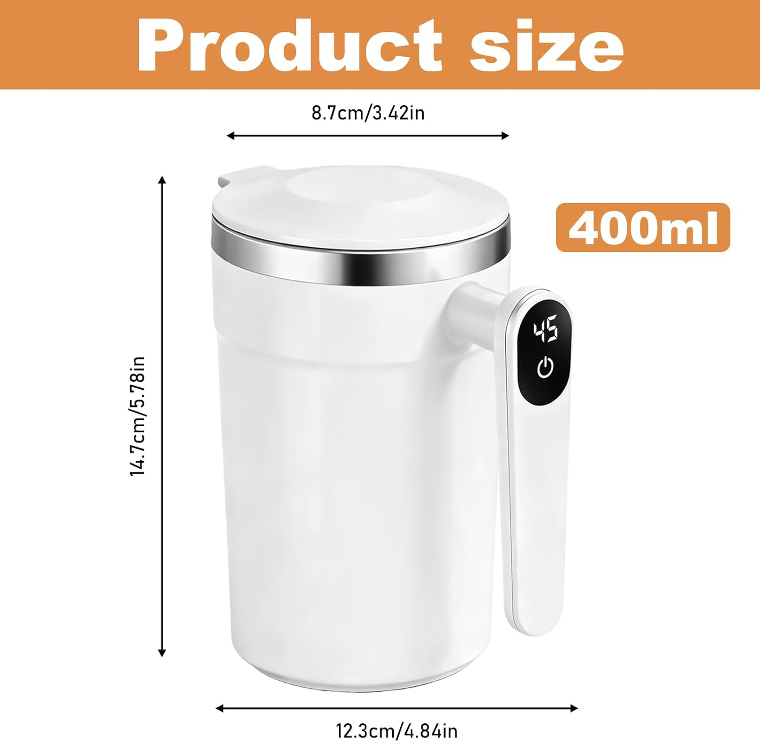 Weiße 400ml Tasse mit digitaler Temperaturanzeige (45°C) u. Power-Knopf.
