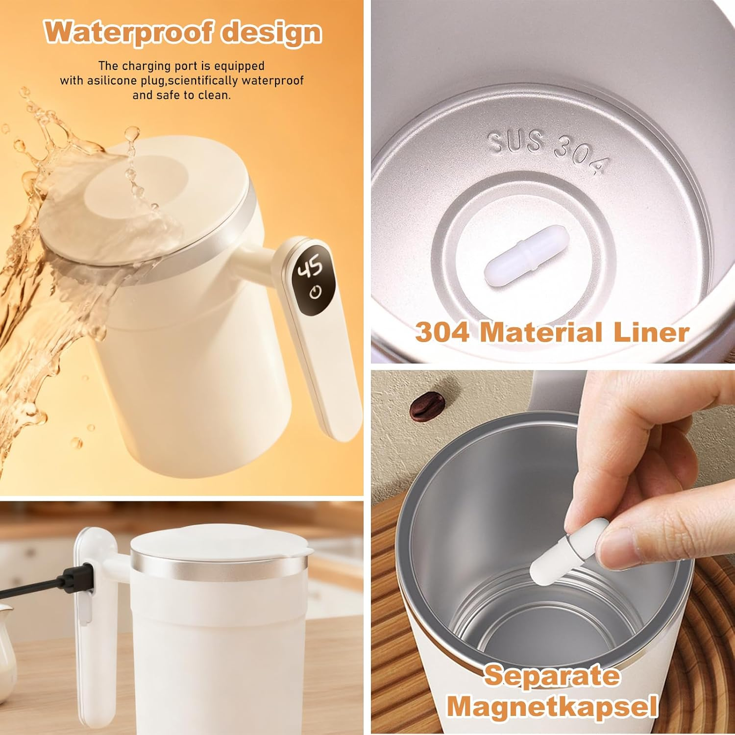 Weiße Thermoskanne mit digitalen Anzeigen, Wasserspritzern und Magnetkapsel.