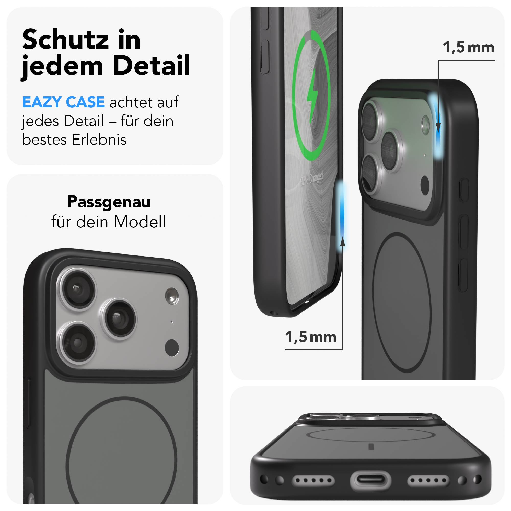 Schwarze Handyhülle mit Kamera-Ausschnitt und Ladeanzeige.