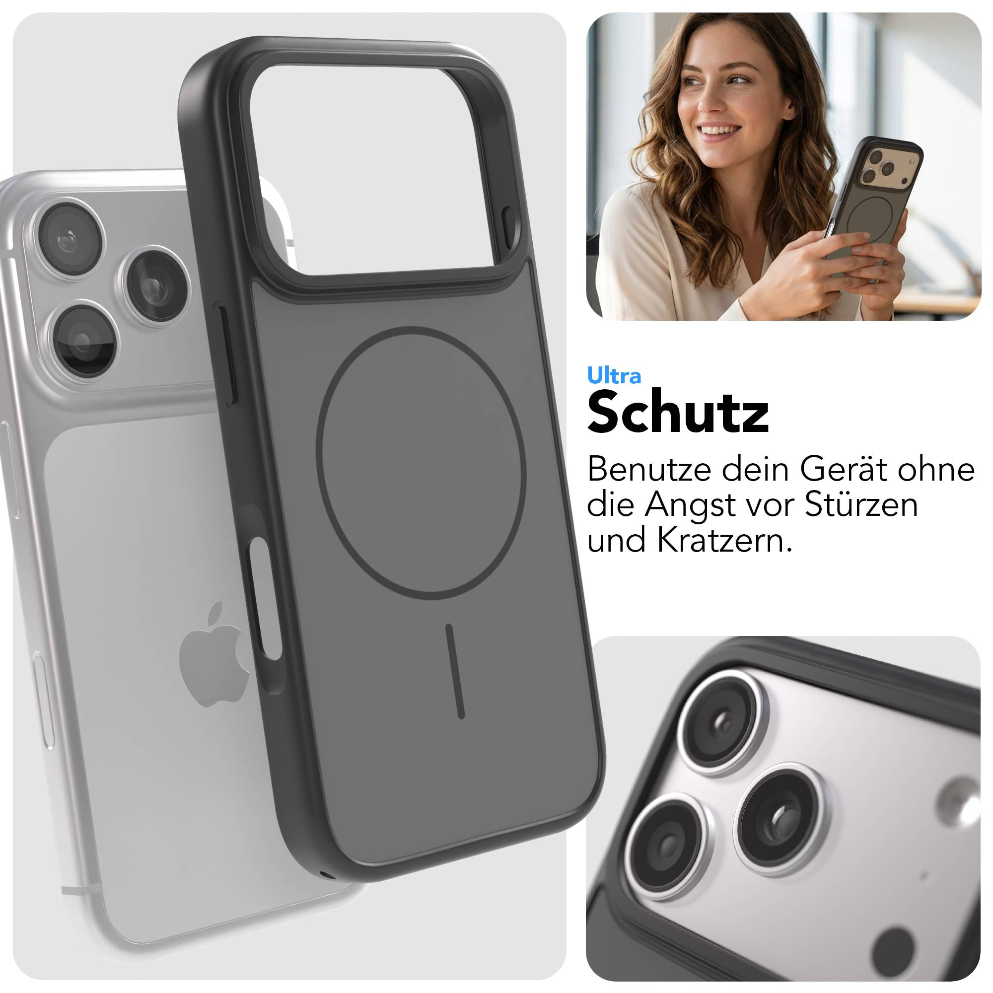 Ein schwarzes Handycover mit Magnetring auf einem silbernen Handy.