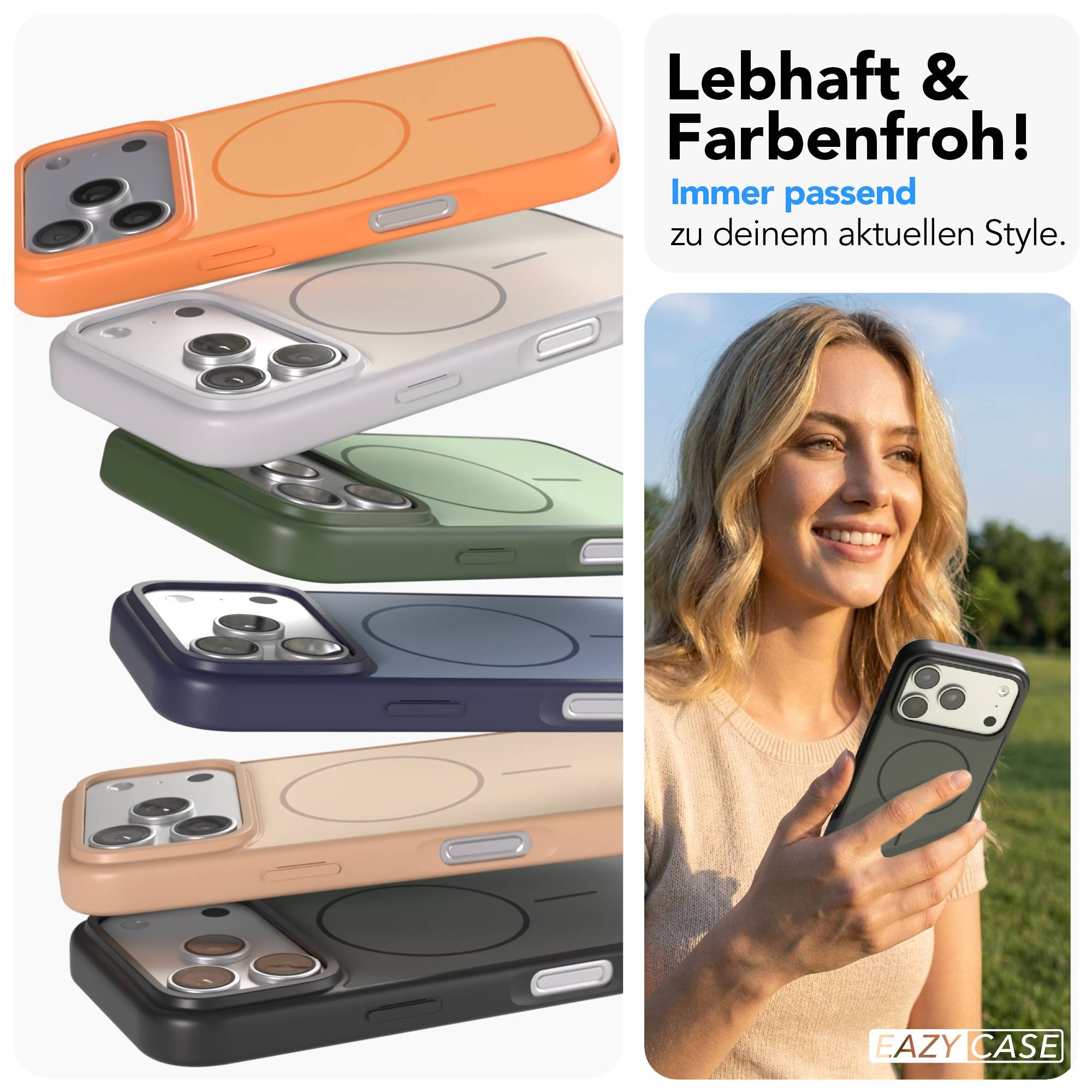 iPhone-Hüllen in Orange, Hellgrau, Grün, Dunkelblau, Beige und Schwarz.