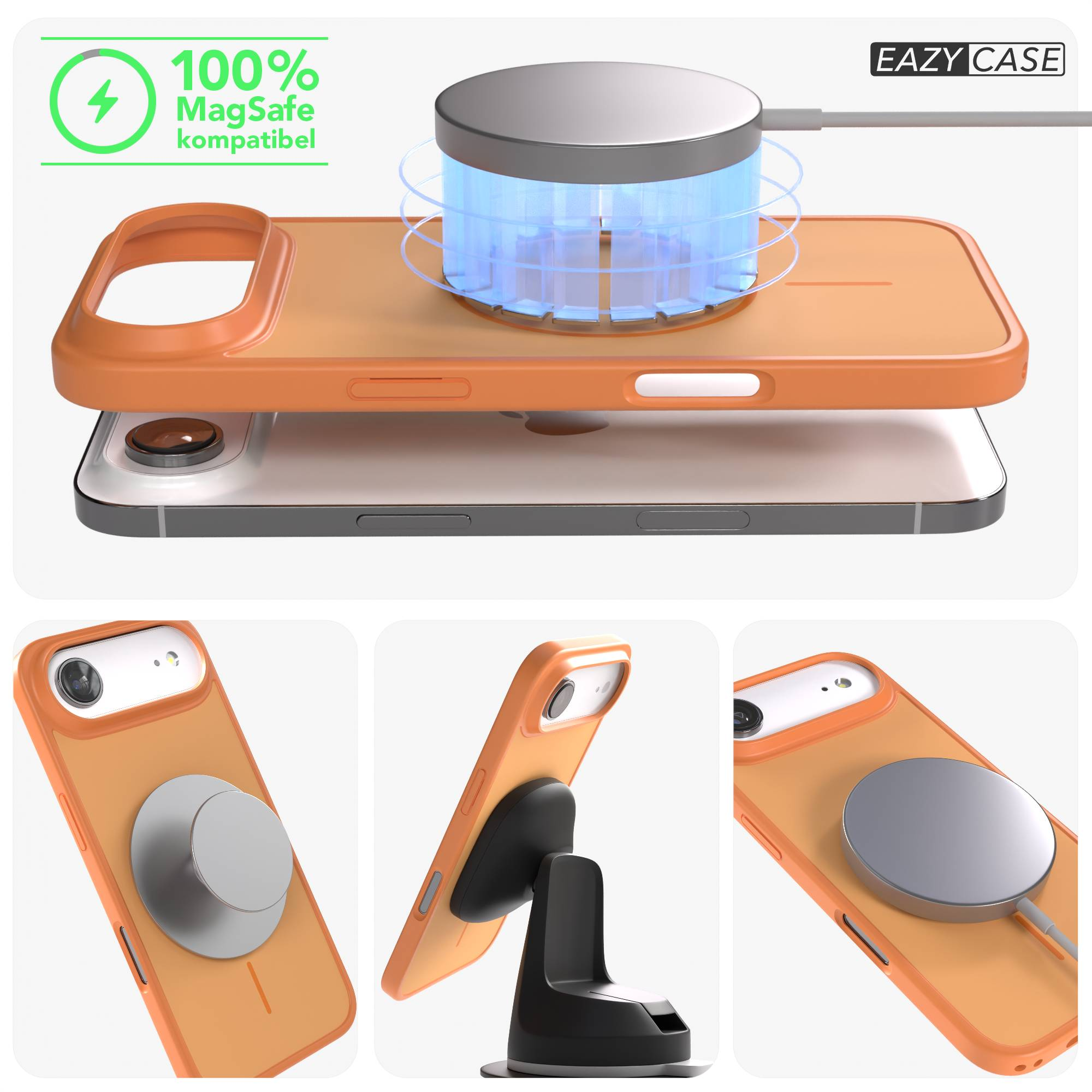 Orange MagSafe Hülle mit Ladegerät und Halterung auf einem iPhone.