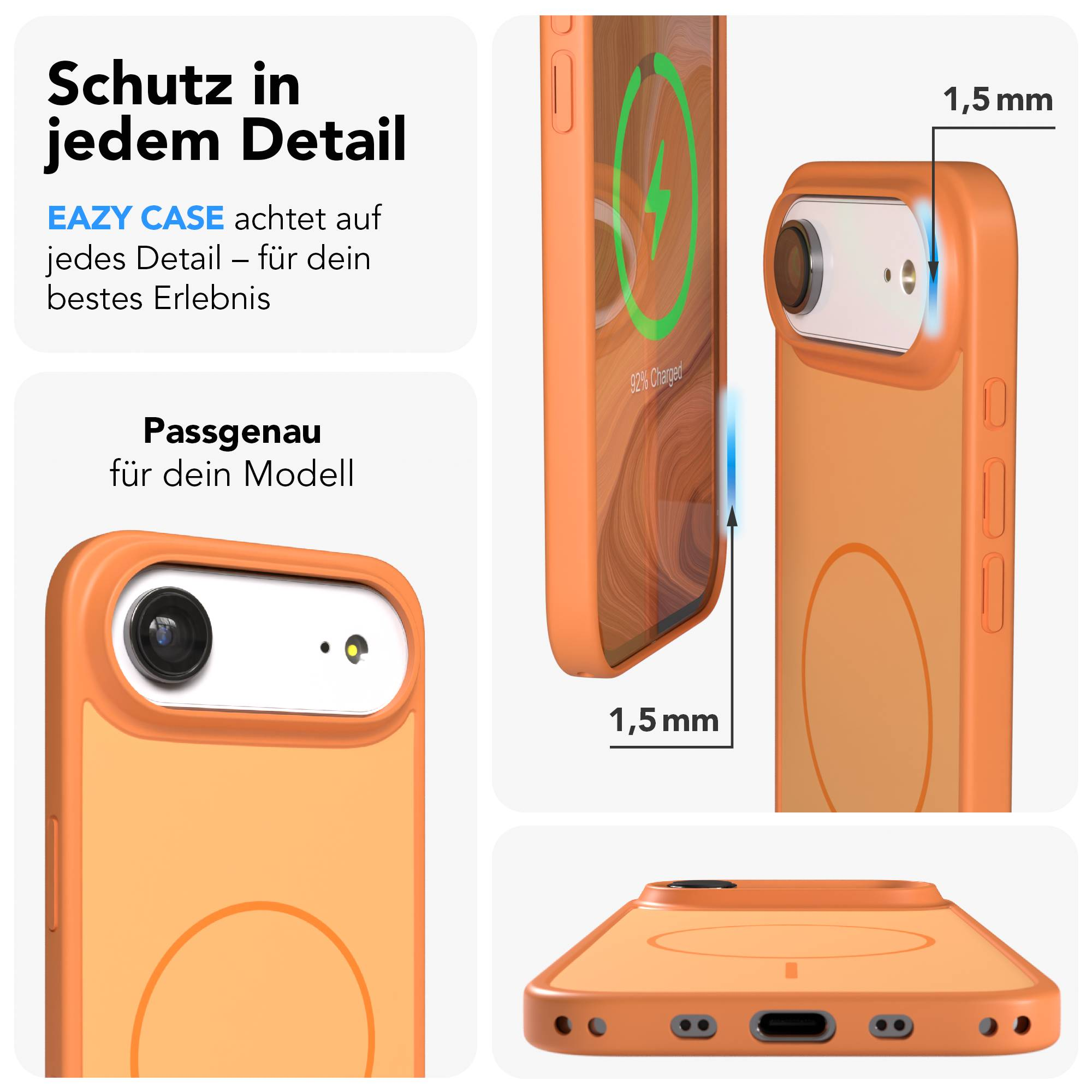 Orange Hülle zeigt Details: Kamera, Ladeanzeige, 1,5mm Schutz.