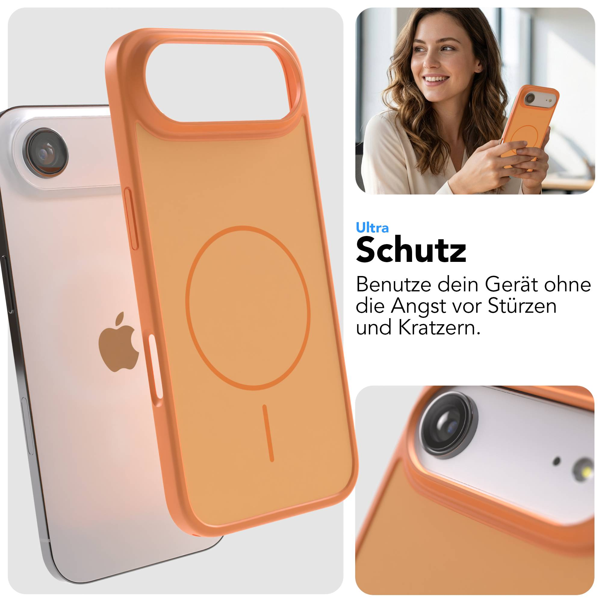 Orangefarbener Handy-Schutz, ein iPhone und eine lächelnde Frau.