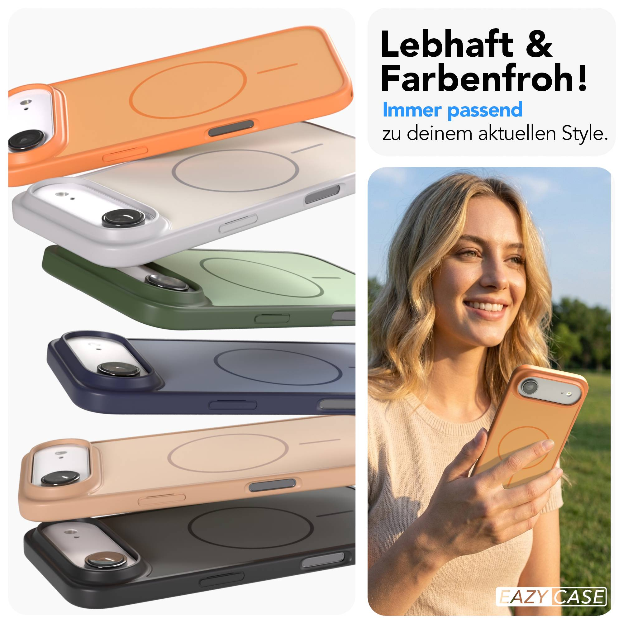 Mehrere bunte Handyhüllen stapeln sich. Eine Frau hält eine orangefarbene Hülle.