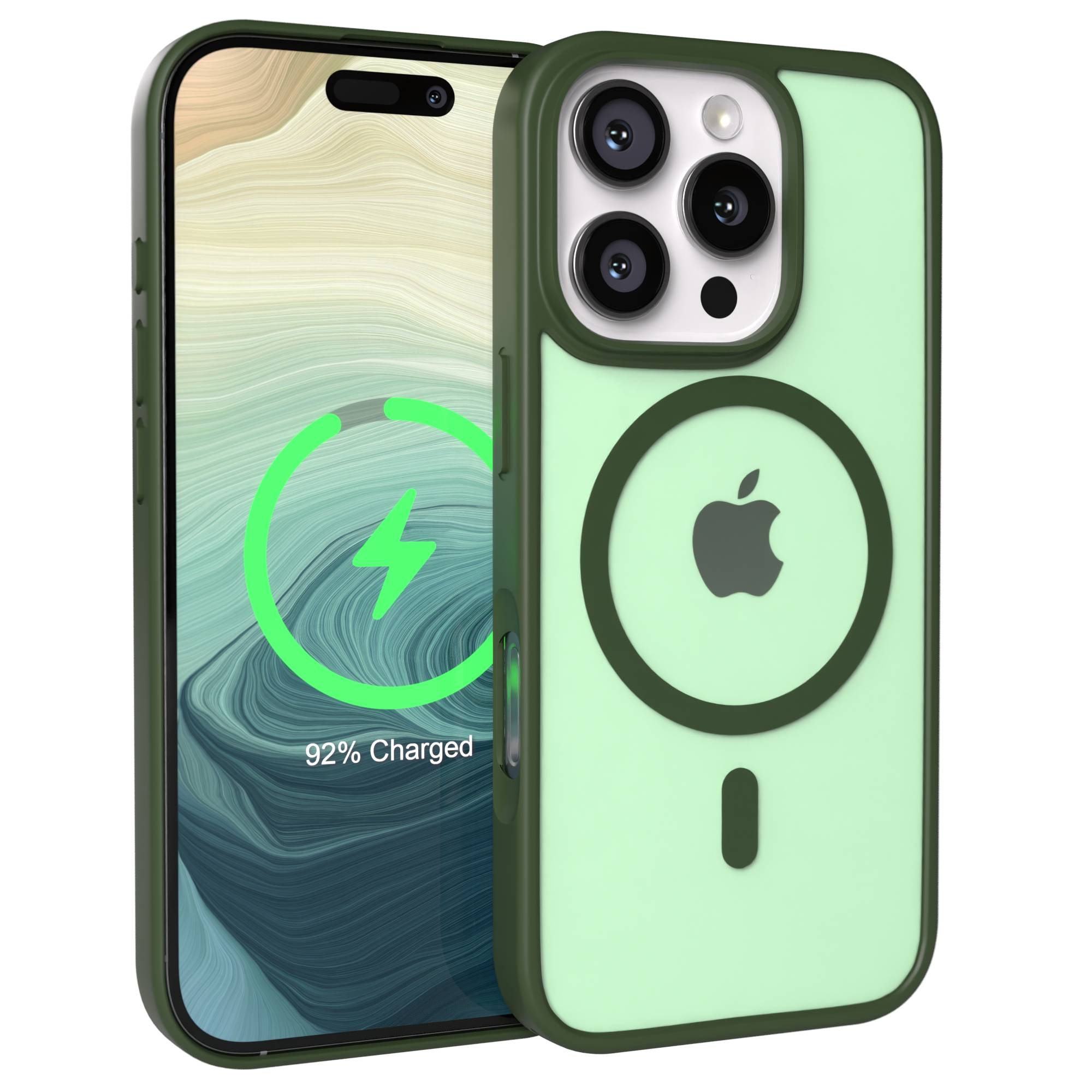 Ein iPhone mit grünem MagSafe-Case und einer Ladeanzeige von 92%.