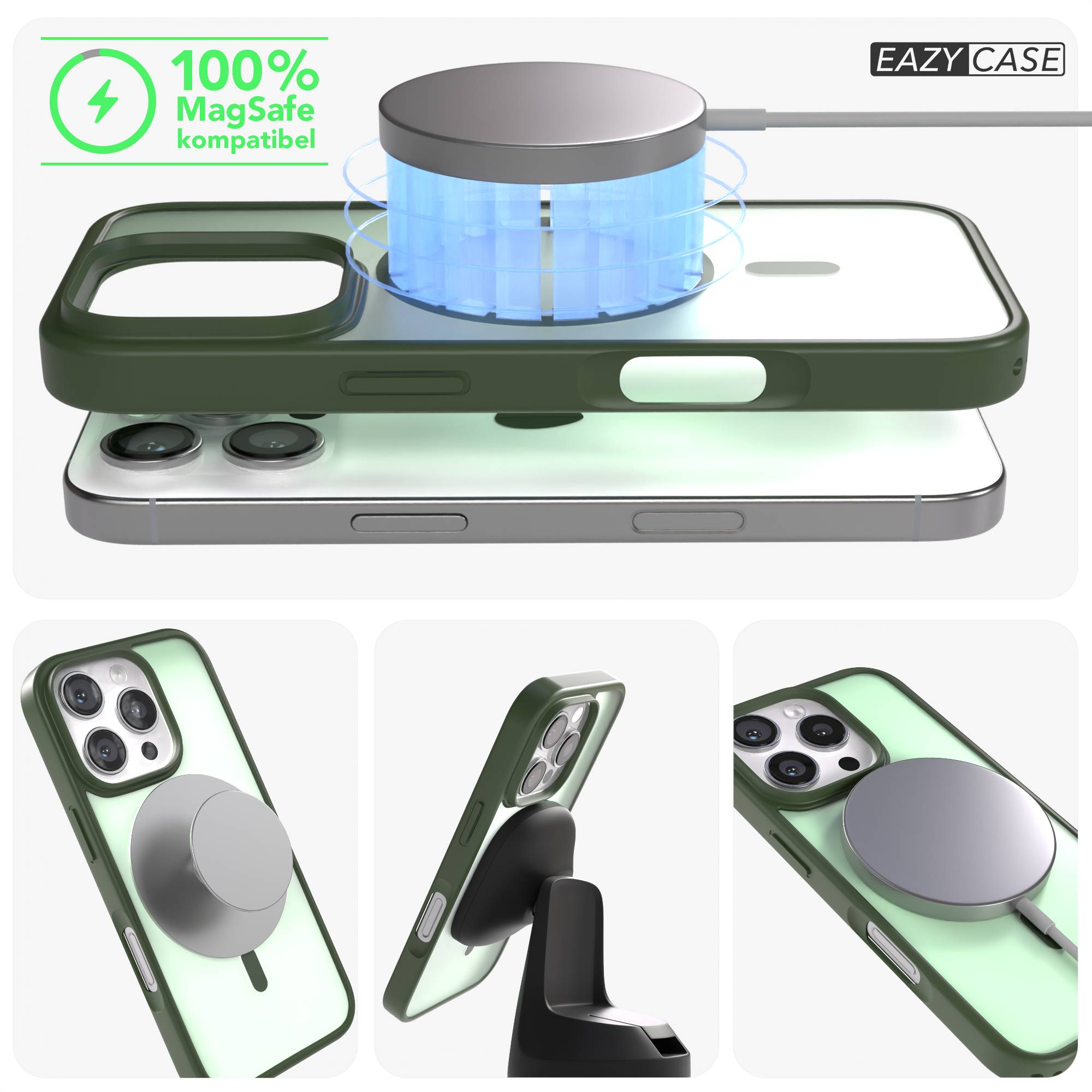 Grünes Handy-Case mit MagSafe-Ladegerät und Ladeanzeige.