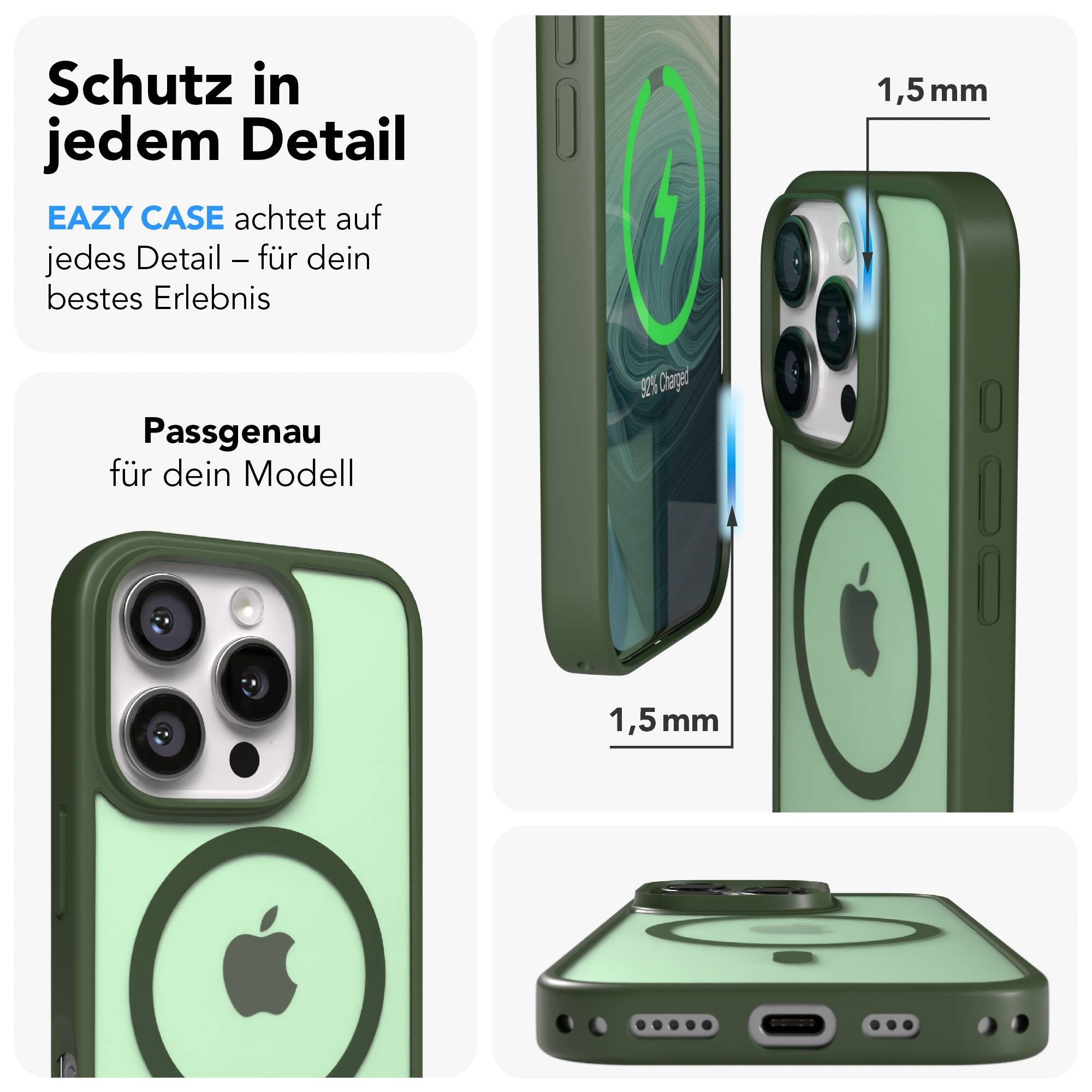 Grüne iPhone-Hülle mit MagSafe-Kreis und Kameraausschnitt. Ladeanzeige.