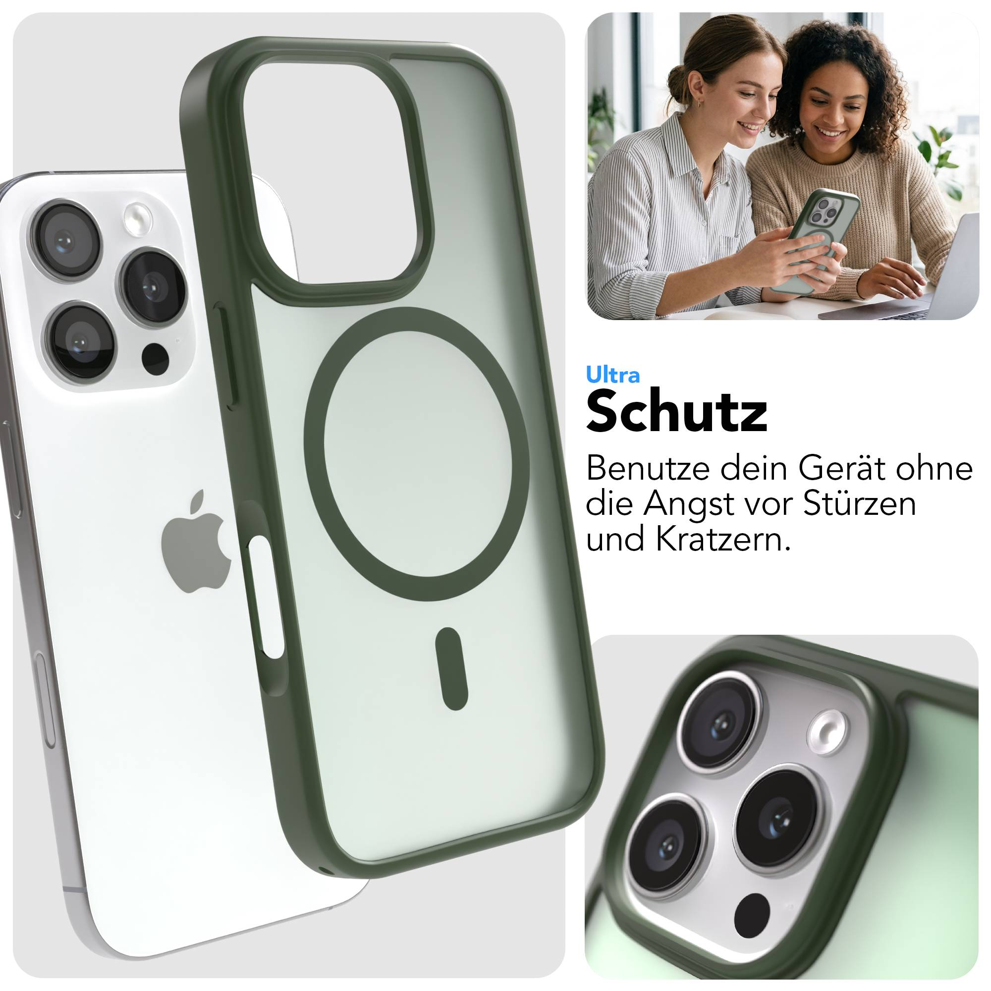 Ein grünes iPhone-Schutzcase mit MagSafe-Ring liegt neben einem iPhone.