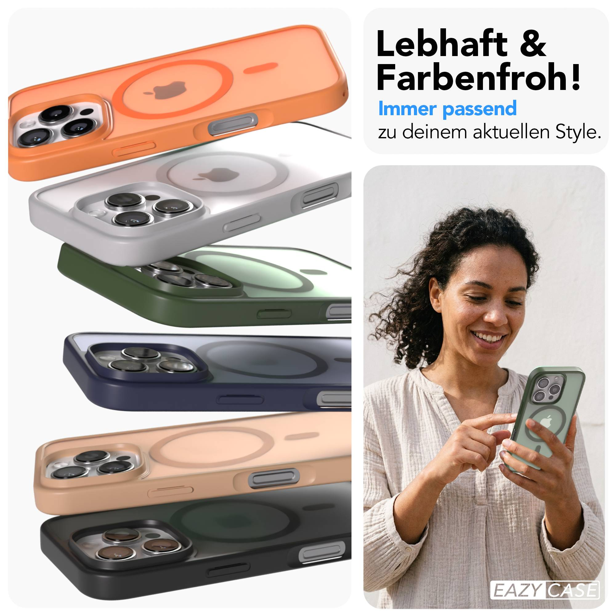 Eine Frau hält ein Handy mit einer durchsichtigen Hülle. Mehrere bunte Hüllen liegen übereinander.