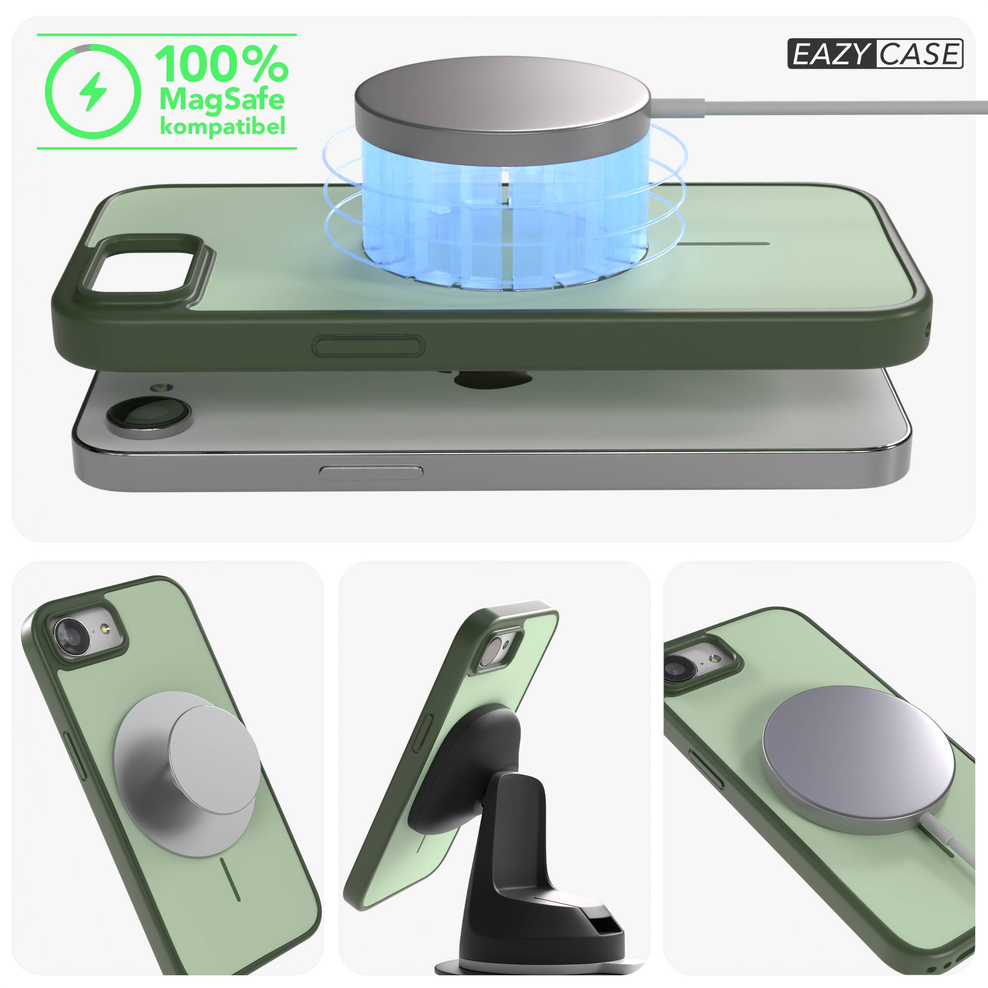 Grünes iPhone mit MagSafe Ladegerät, Halterung und Ladeanzeige.