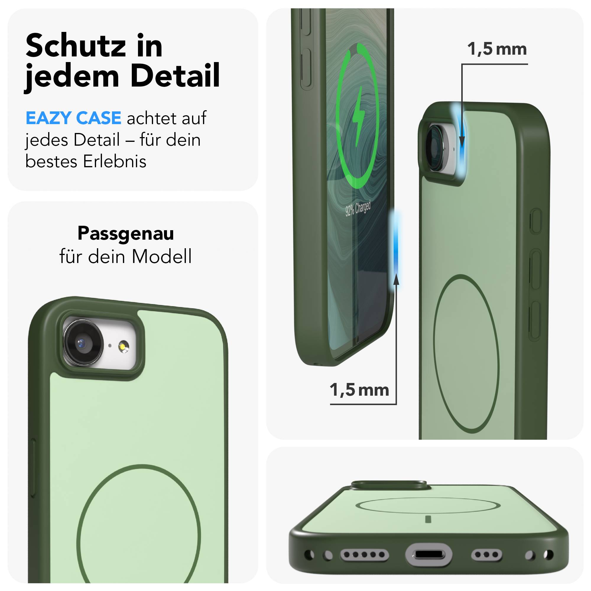 Grüne Handyhülle mit Ladeanzeige und Detailbildern der Kanten.
