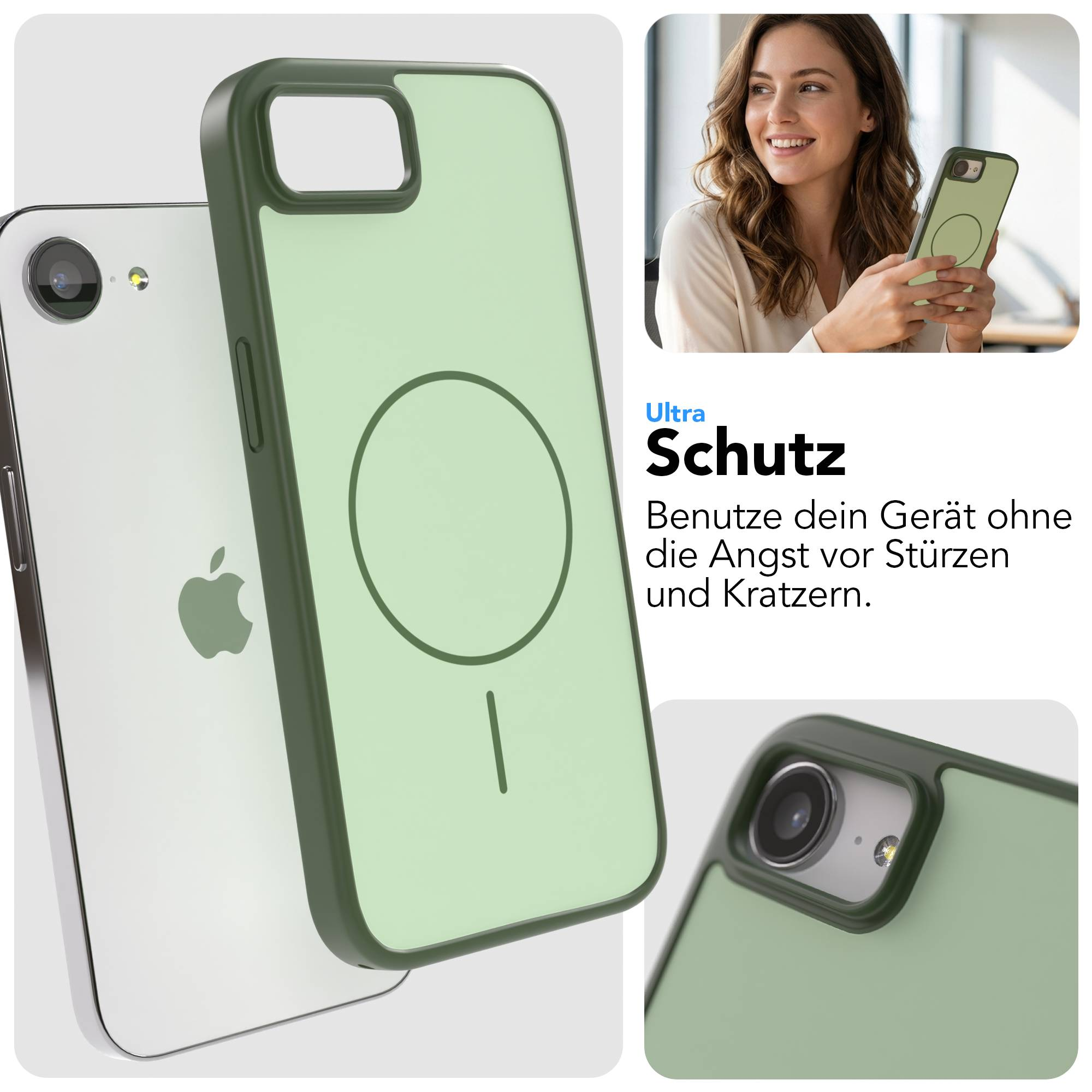 Ein Handy mit dunkelgrünem Schutzcover, auf dem ein Apfel abgebildet ist.
