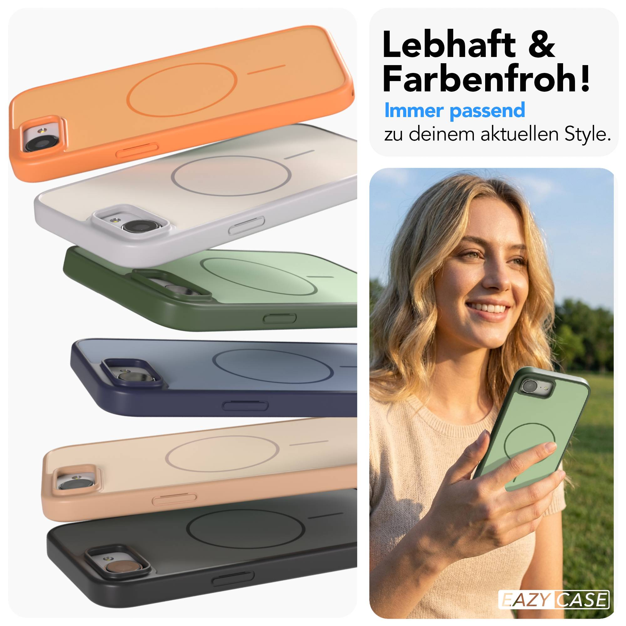 Mehrere farbige Handyhüllen liegen übereinander, eine Frau hält eine grüne Hülle.