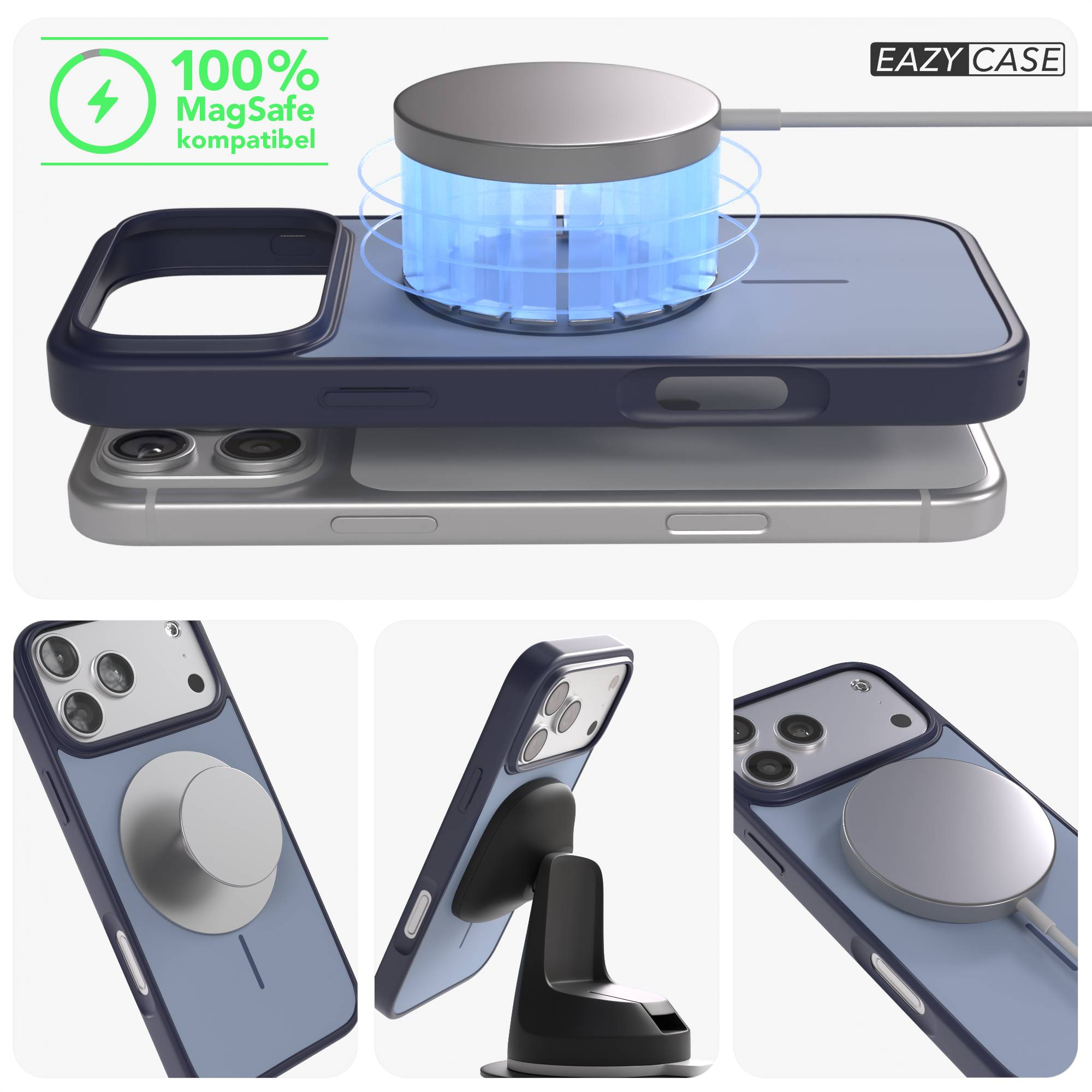 Ein dunkles iPhone mit MagSafe-Ladegerät, das drahtlos lädt.