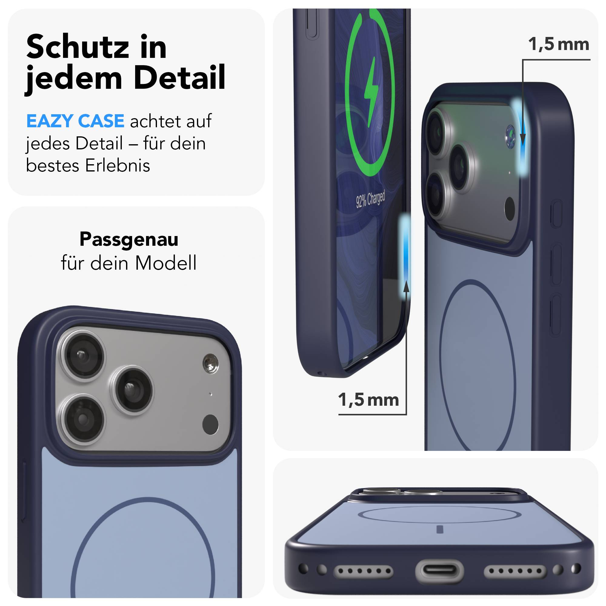 Eine dunkelblaue Handyhülle schützt ein Smartphone mit Kamera. 1,5 mm Rand.