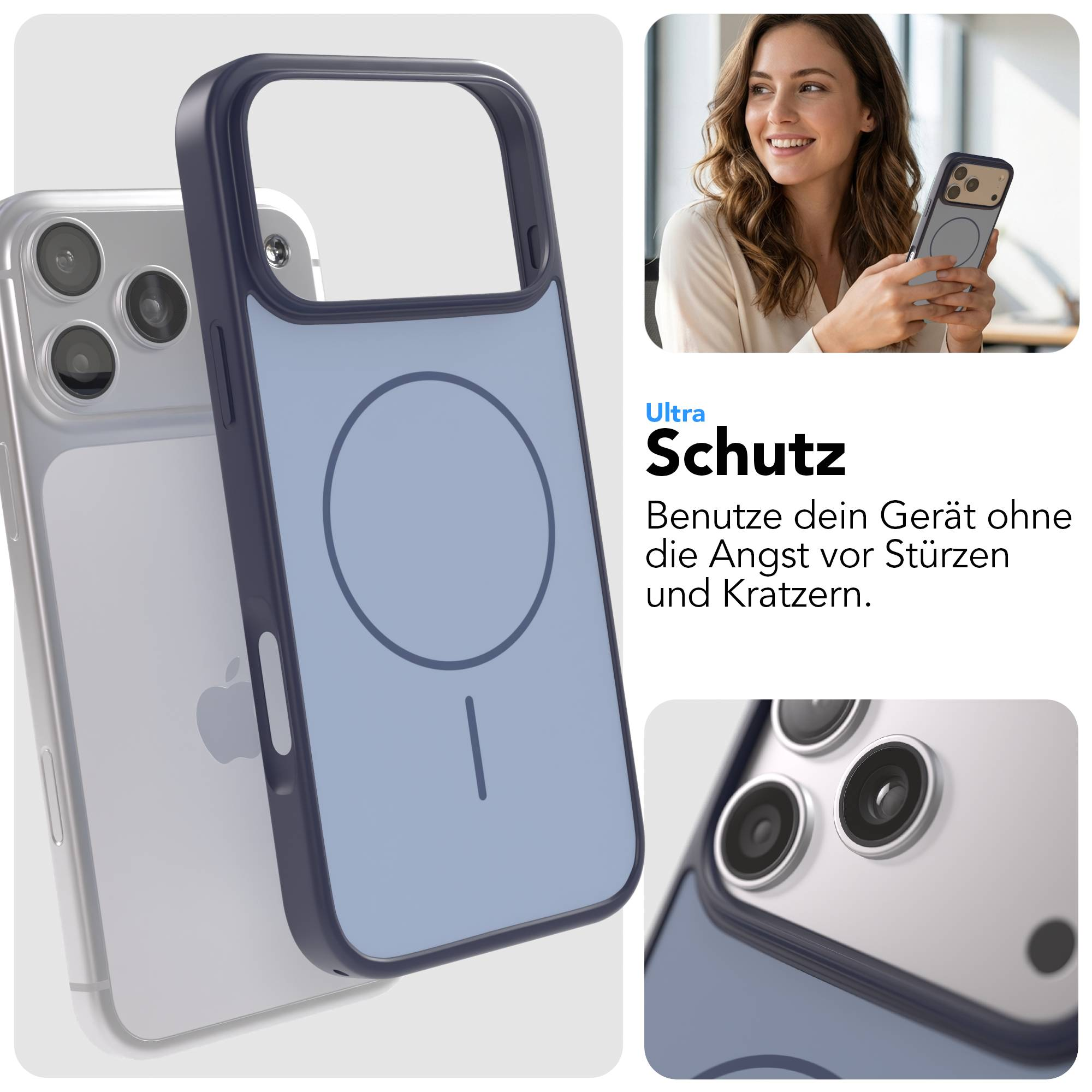 Ein dunkelblauer iPhone-Schutz mit Magnetkreis auf der Rückseite.