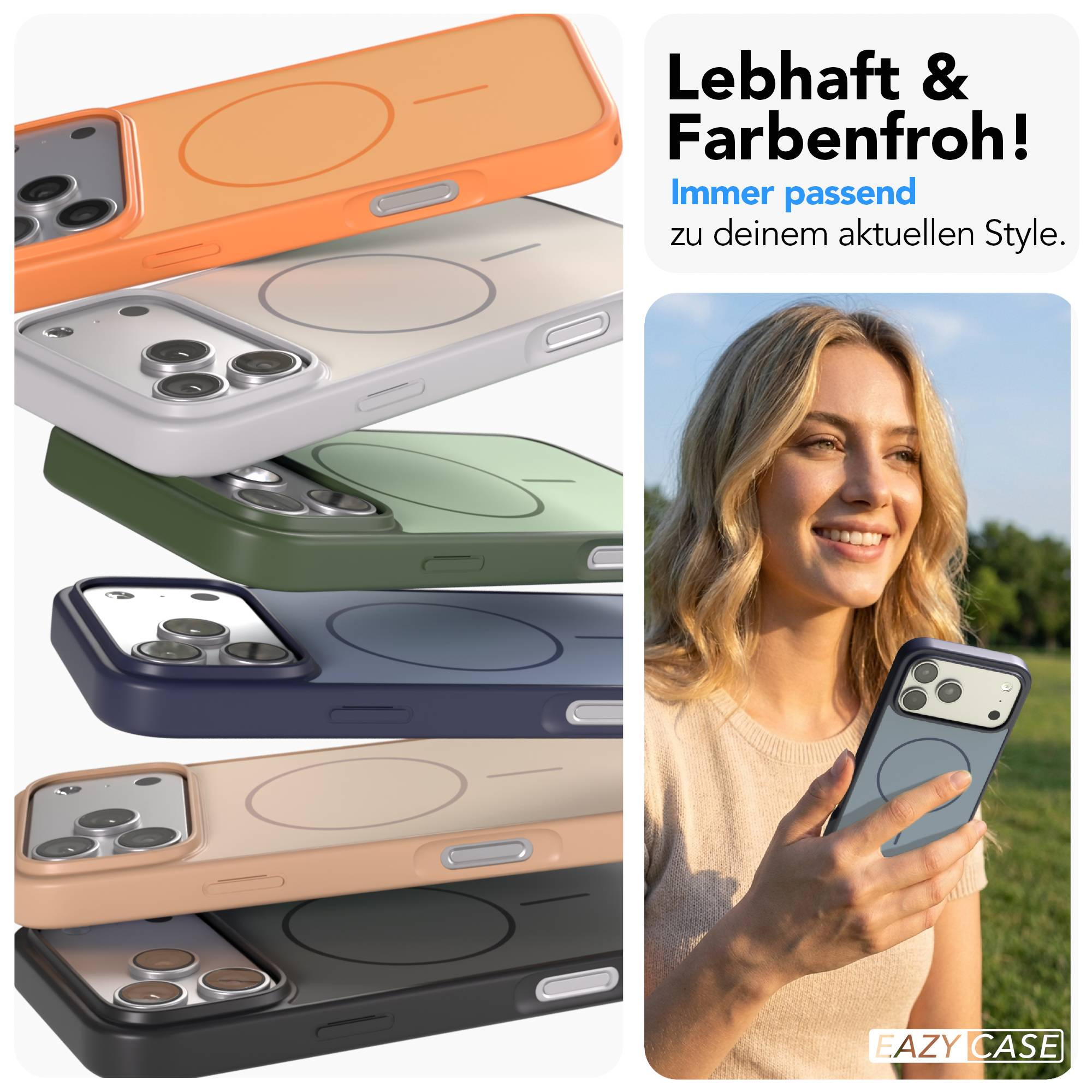 Ein Stapel bunter Handyhüllen neben einer lächelnden Frau mit einem Handy.