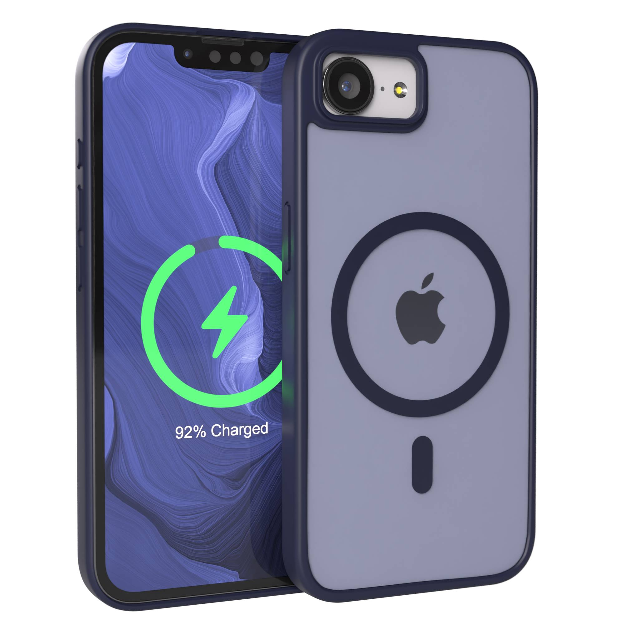 Ein dunkelblaues Handy mit einem durchsichtigen Gehäuse mit Apple-Logo und Ladeanzeige.