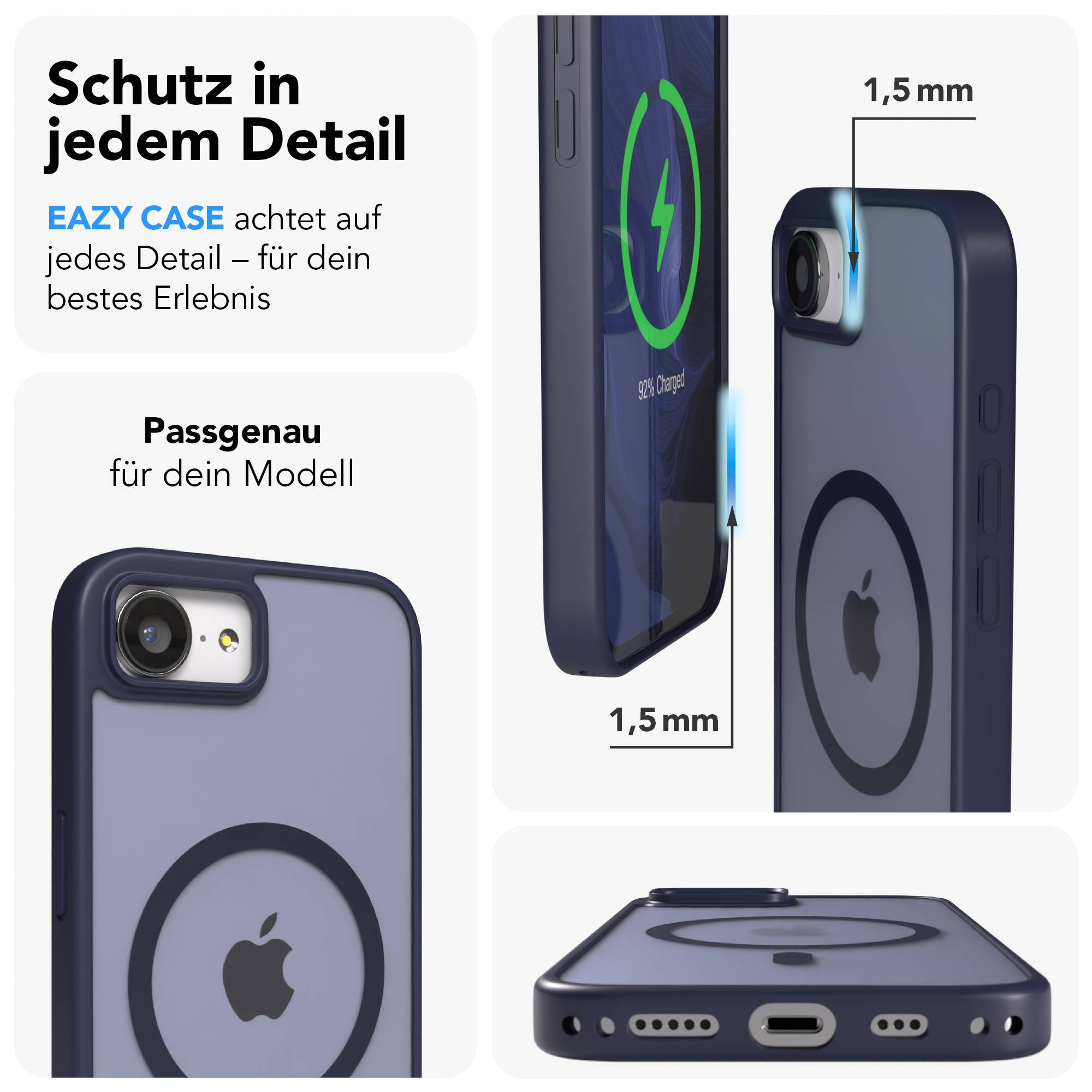 Dunkelblaues Handycase mit Apple-Logo, 1,5mm Dicke.