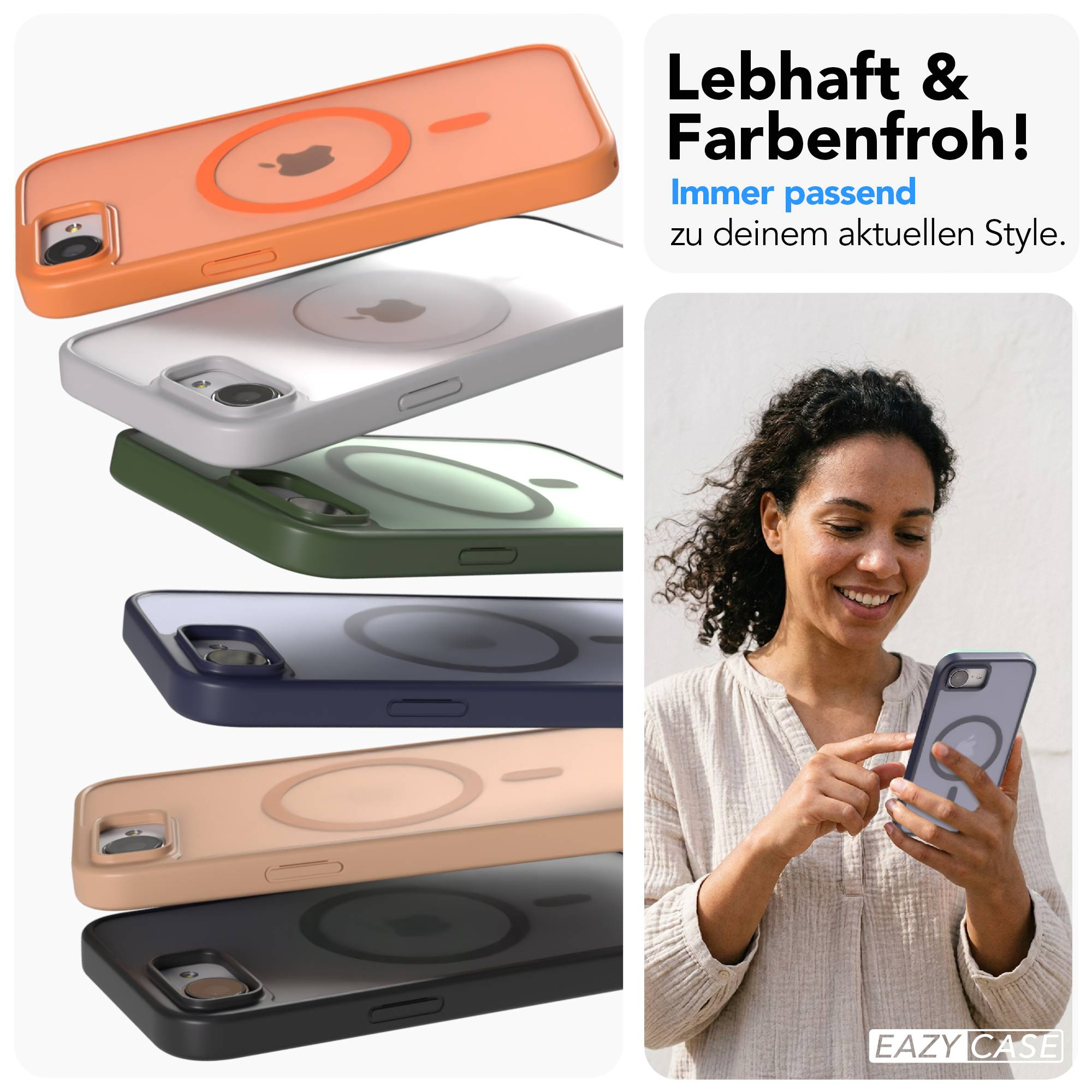 Fünf bunte iPhone-Hüllen gestapelt, Frau mit Handy.