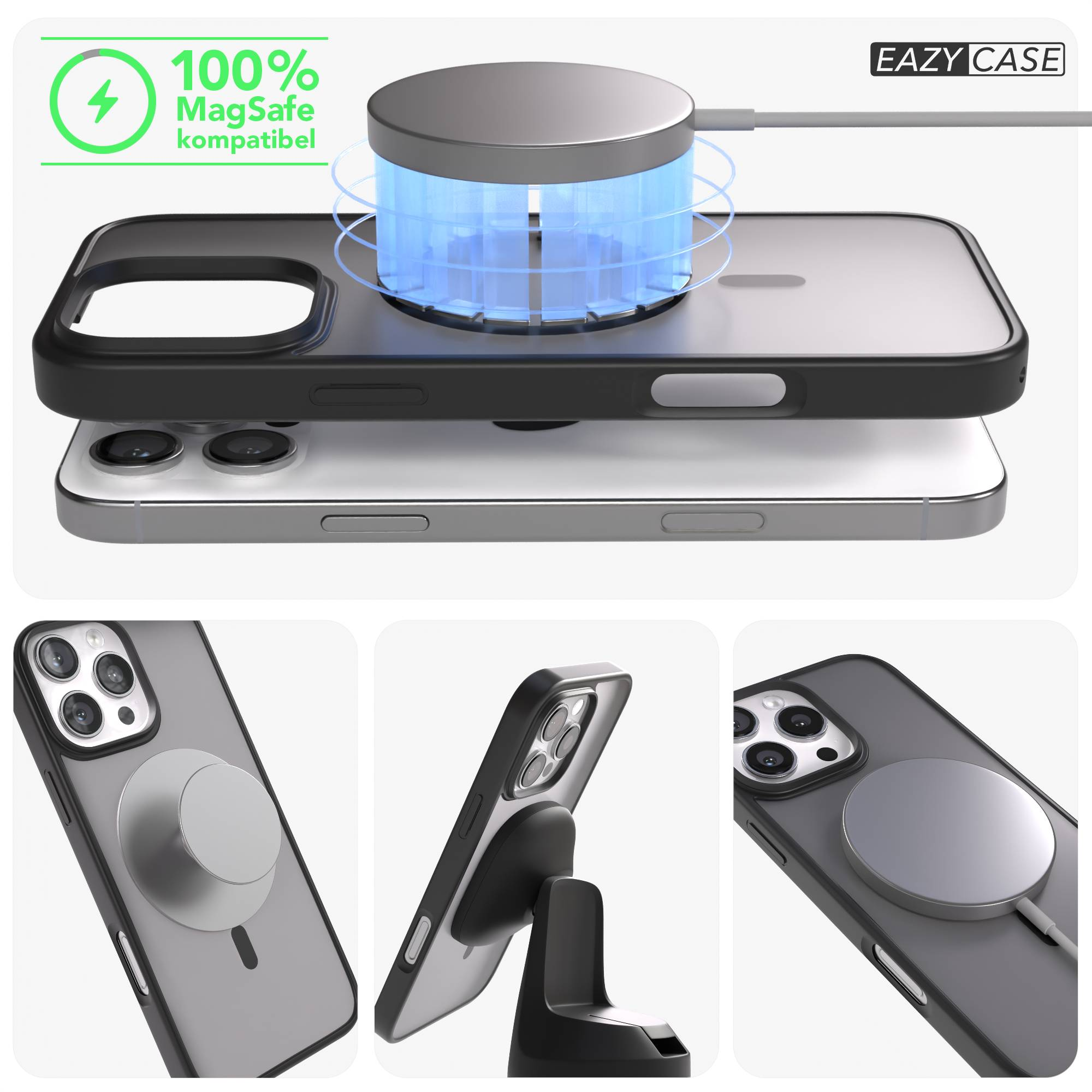 Ein iPhone mit schwarzem MagSafe-kompatiblem Gehäuse wird kabellos geladen.