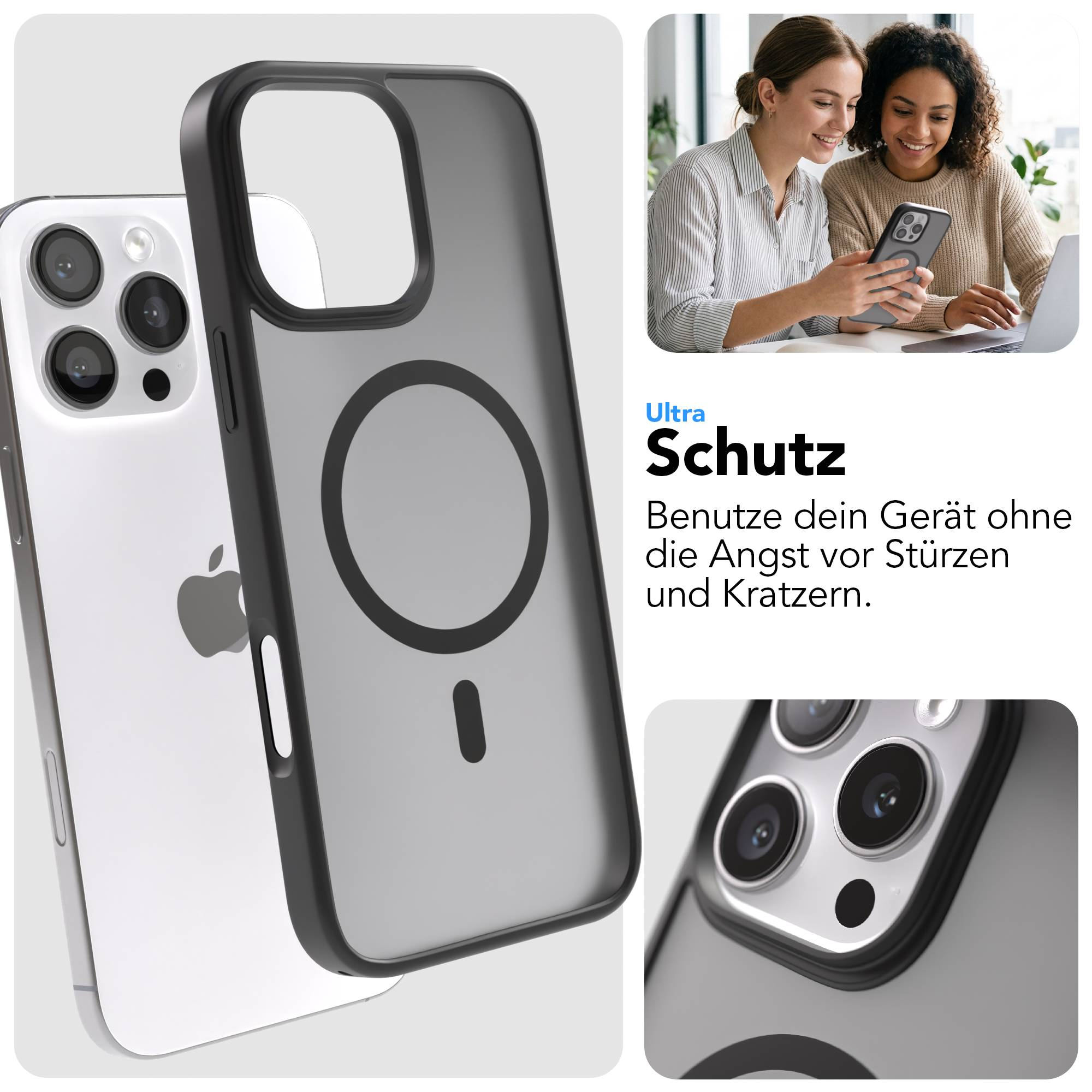 Schwarze Handyhülle mit Magnetring für iPhone, daneben ein iPhone.