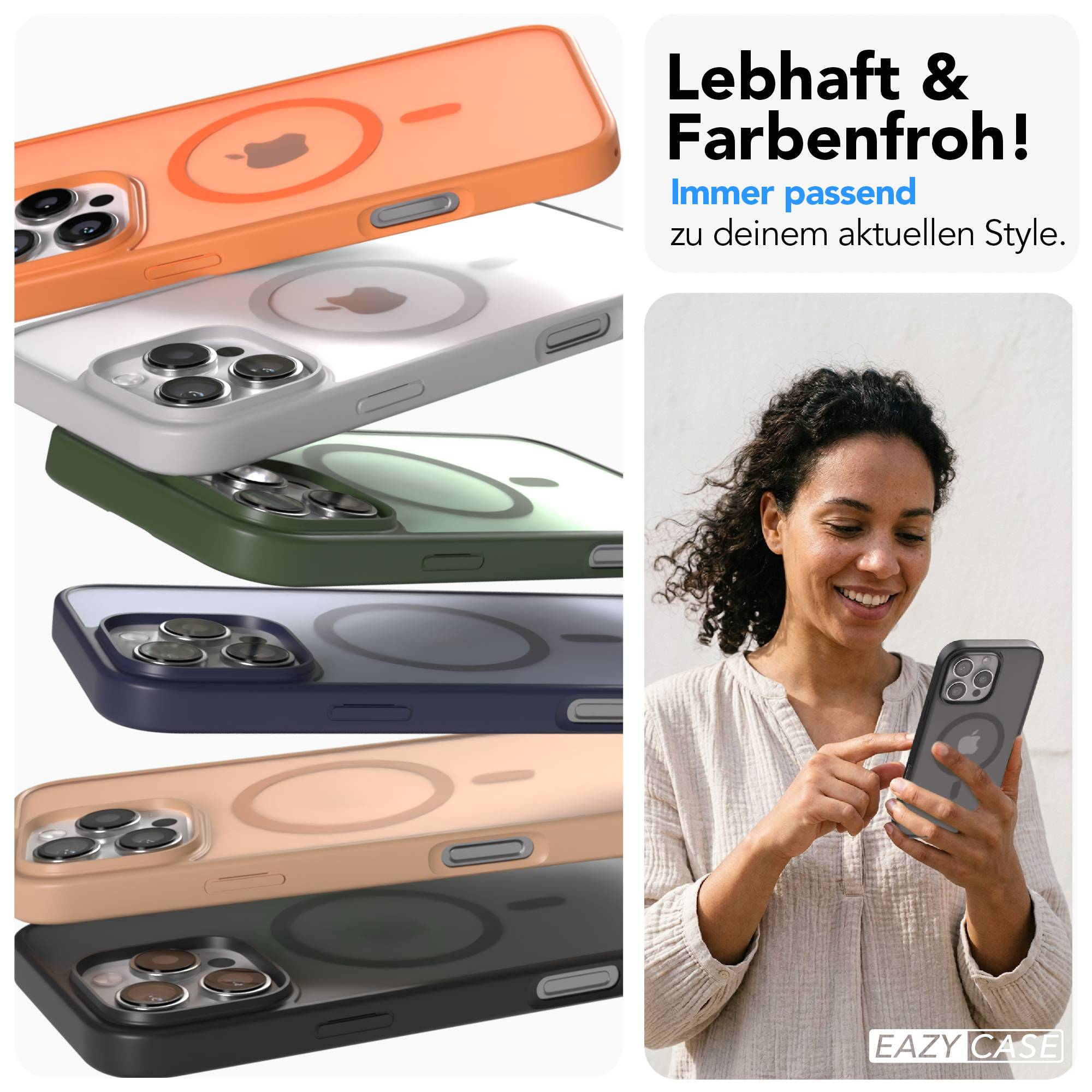 Bunte Handyhüllen mit Apple-Logo und Frau, die ein Handy hält.