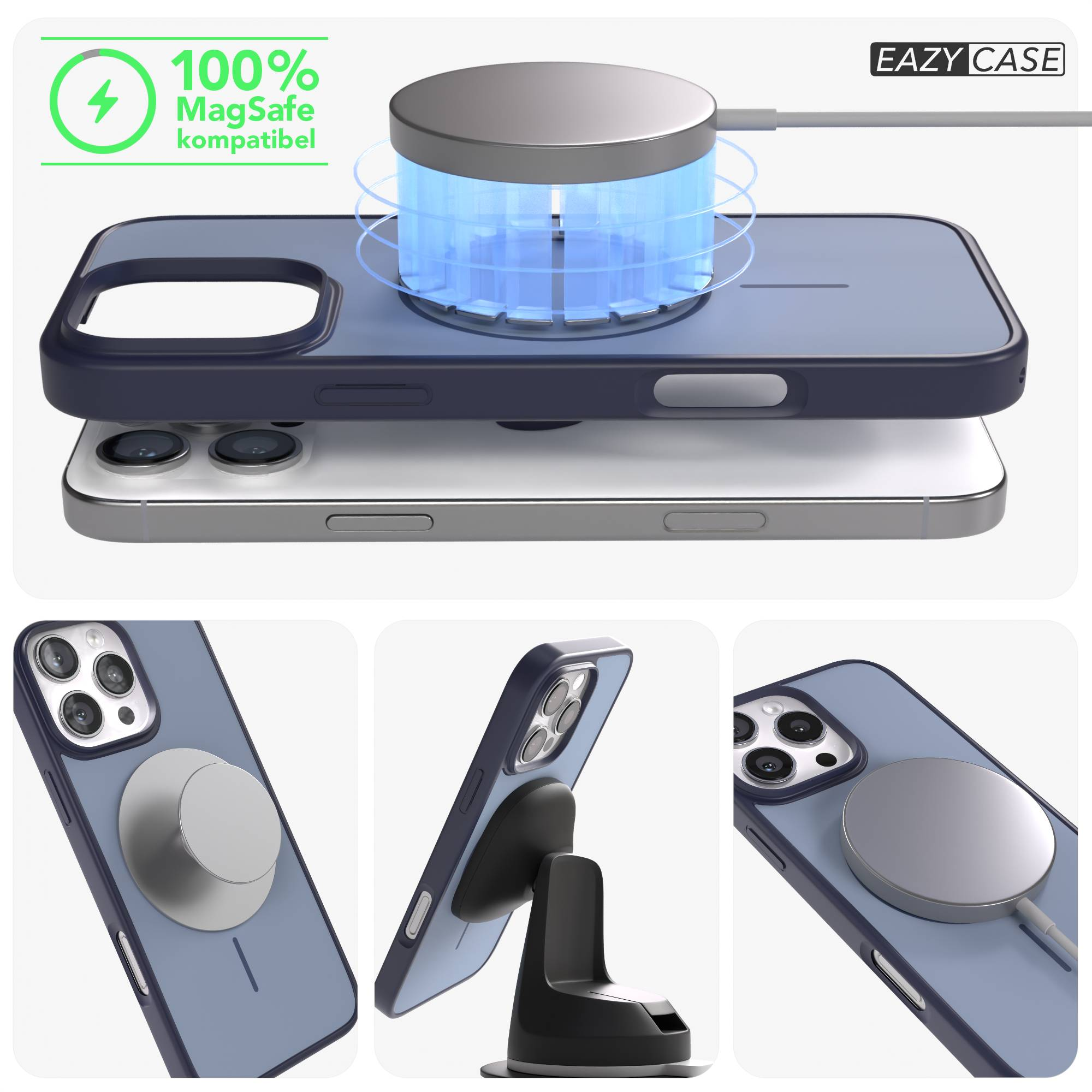 Ein blaues Handy mit einem MagSafe-Ladegerät und einer Halterung.