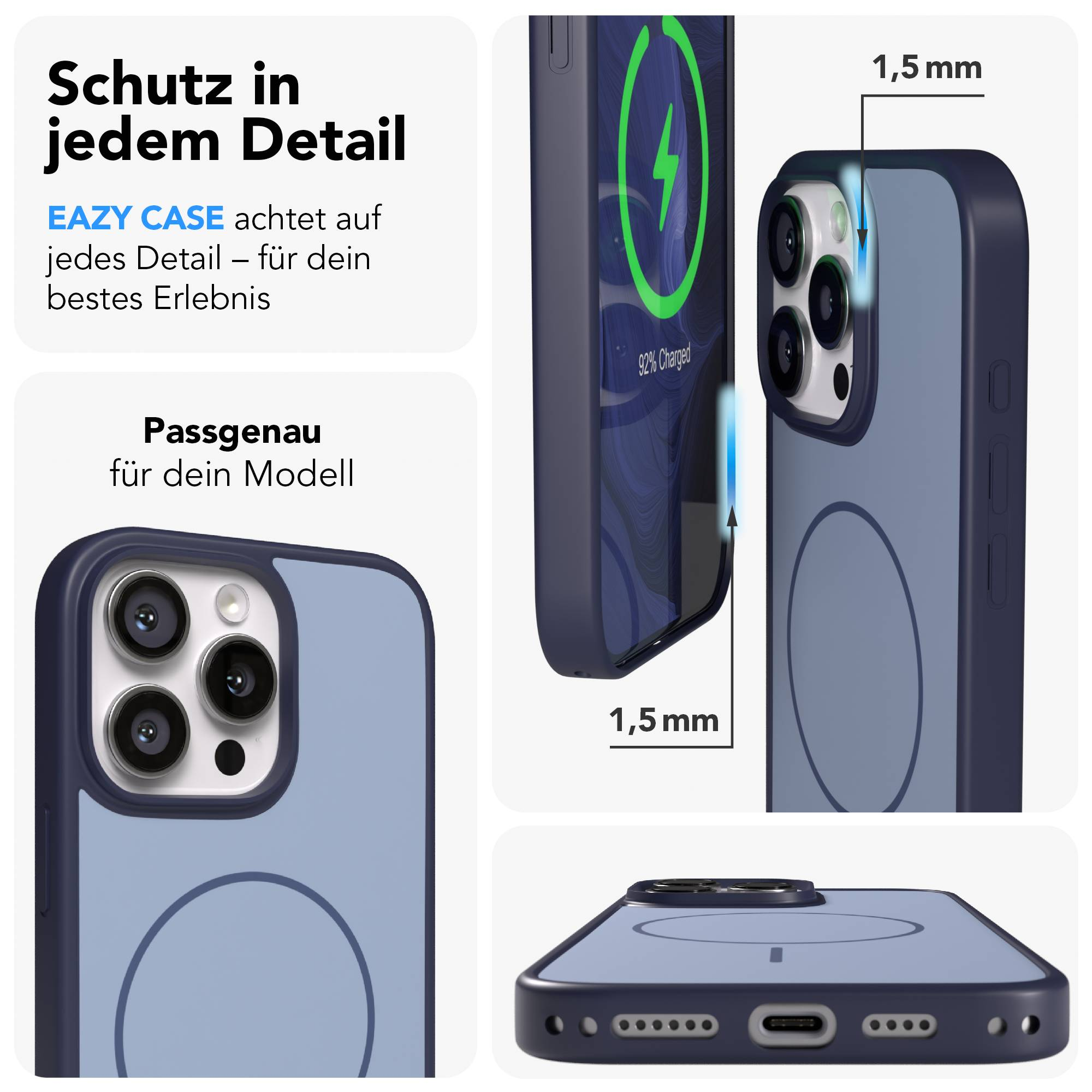 Eine blaue Handyhülle mit Kamerainspektion und Ladeanzeige.