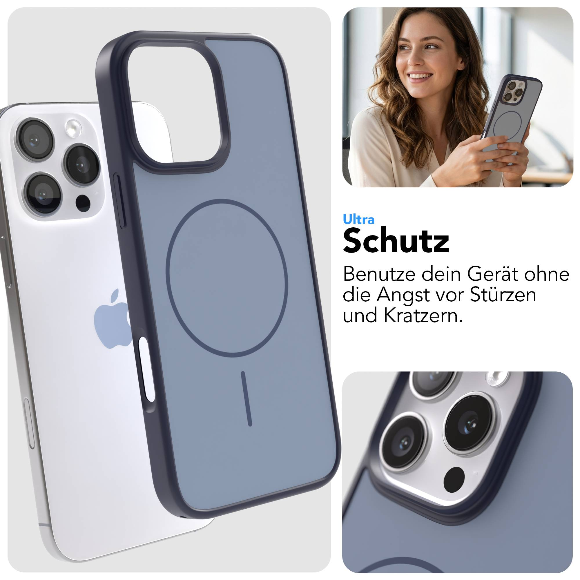 Ein iPhone mit blauem Schutzgehäuse, das einen Kreis zeigt.