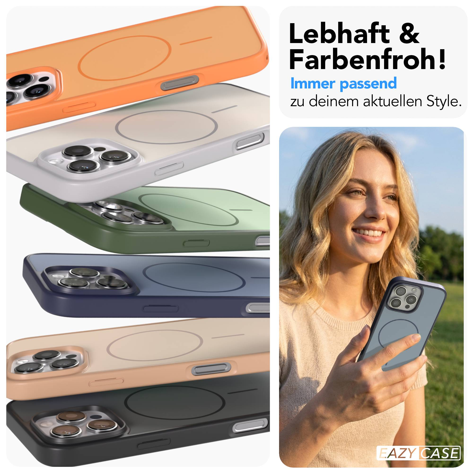 Mehrere bunte Handyhüllen und eine Frau mit einem Handy in der Hand.