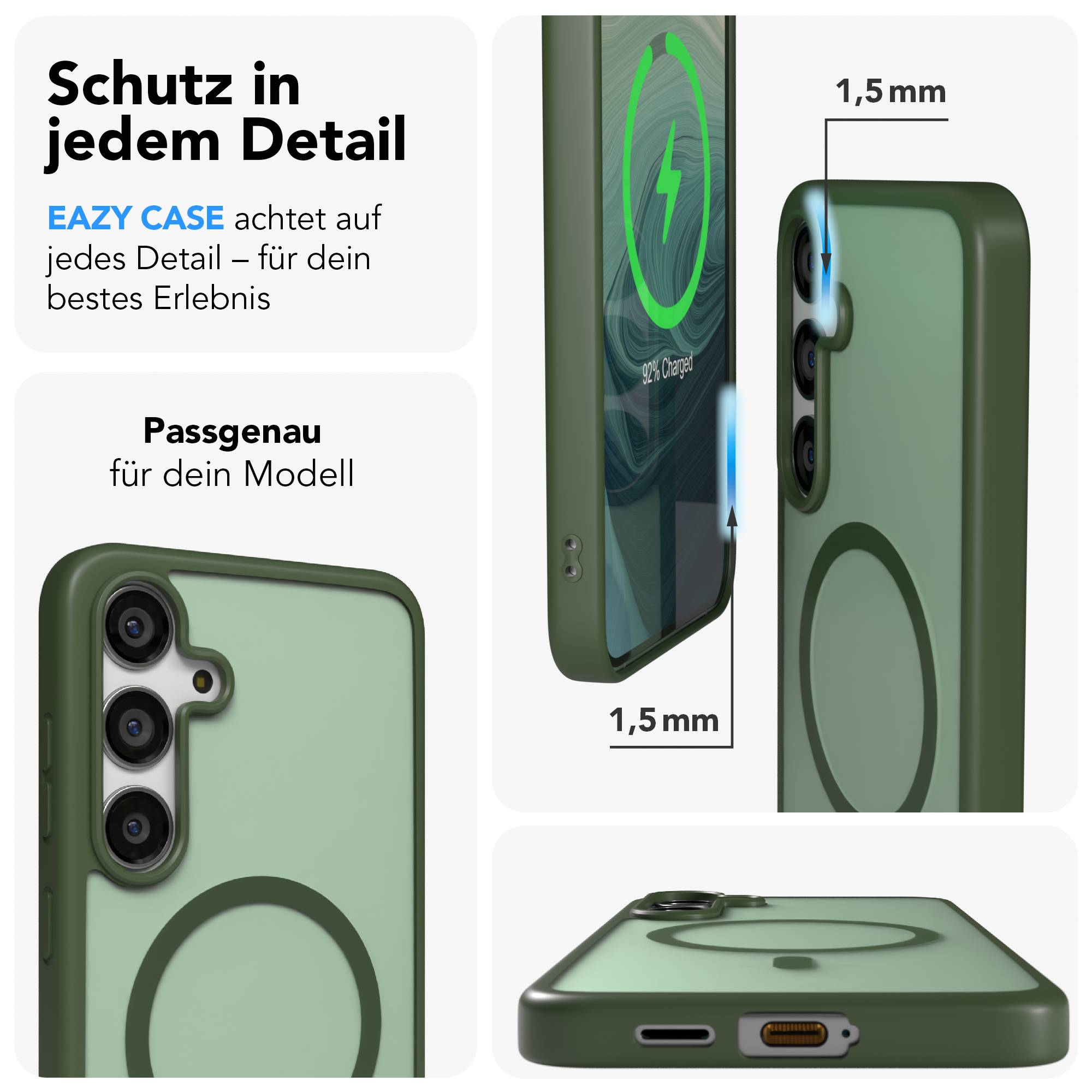 Grüne Handyhülle mit Ladeanzeige und 1,5mm Rand.