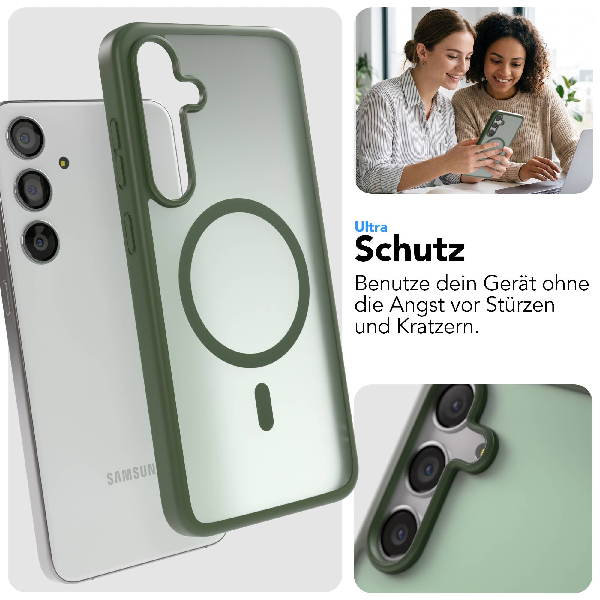 Ein grüner Handy-Schutz mit magnetischem Ring, der ein Smartphone schützt.