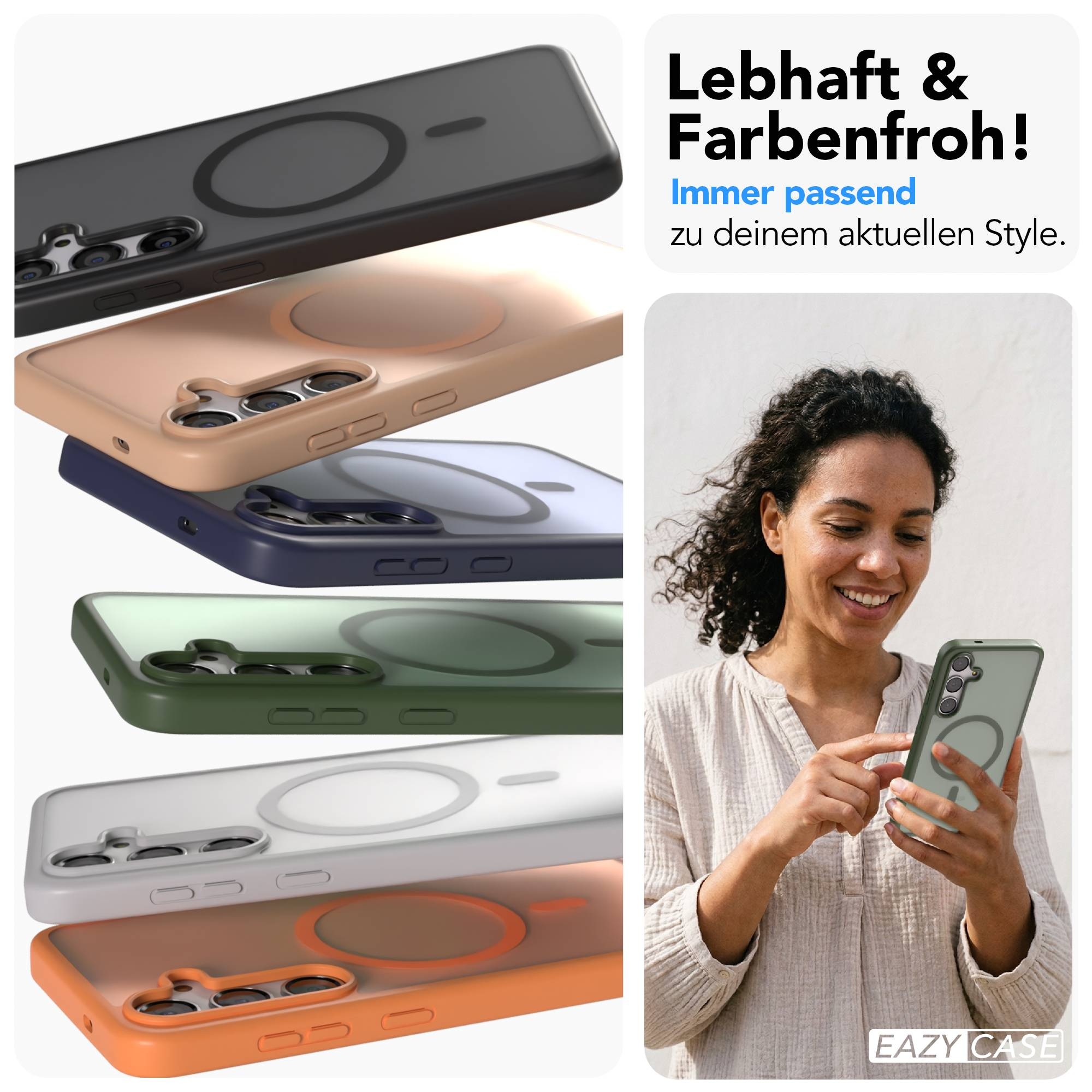 Verschiedene Handyhüllen in Grau, Rosa, Blau, Grün, Weiß und Orange.