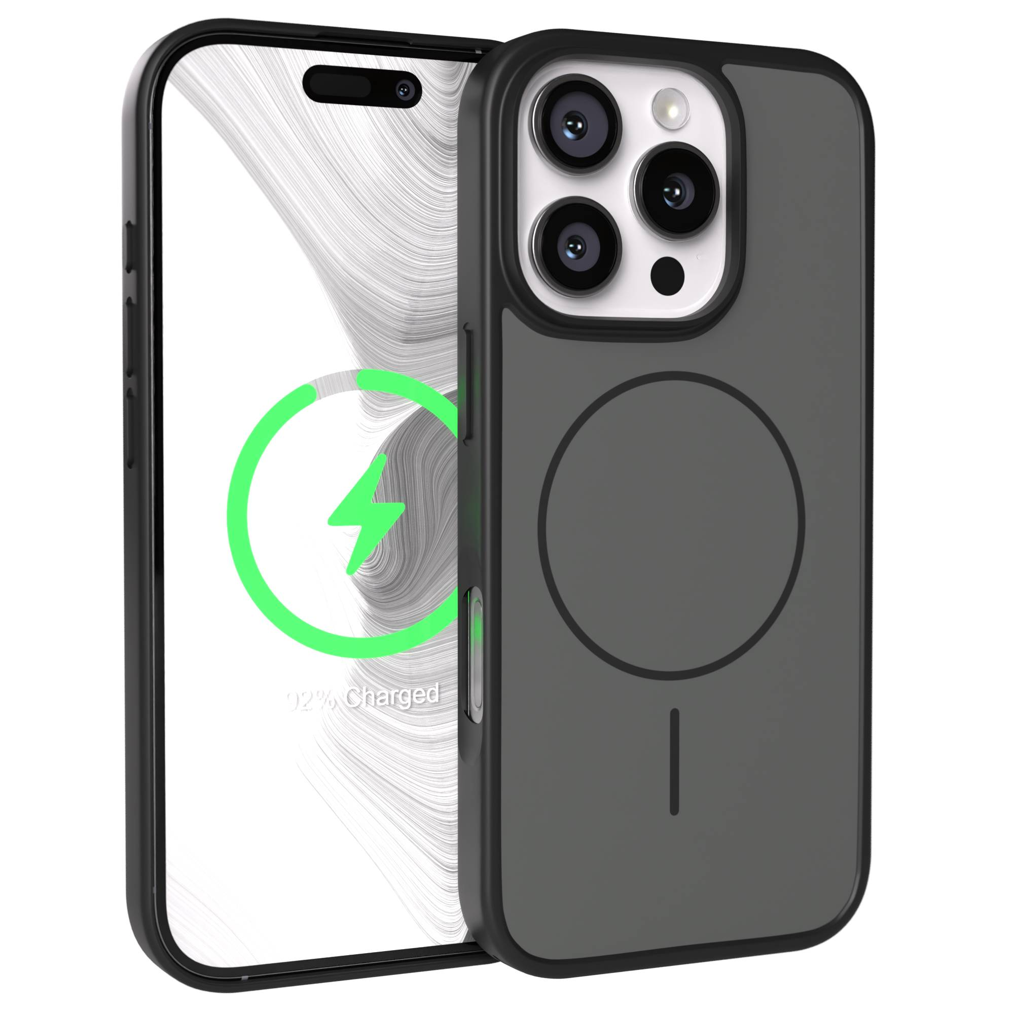 Ein graues Handy mit Ladeanzeige und drei Kameralinsen.