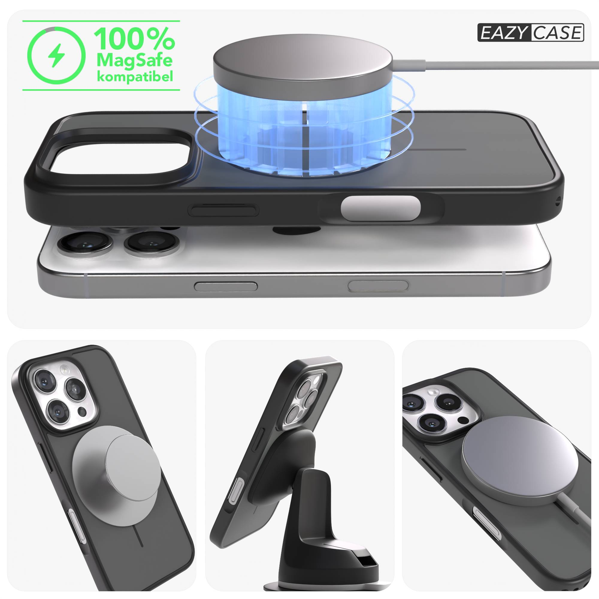Schwarze Hülle auf silbernem iPhone mit MagSafe-Ladegerät und Ständer.