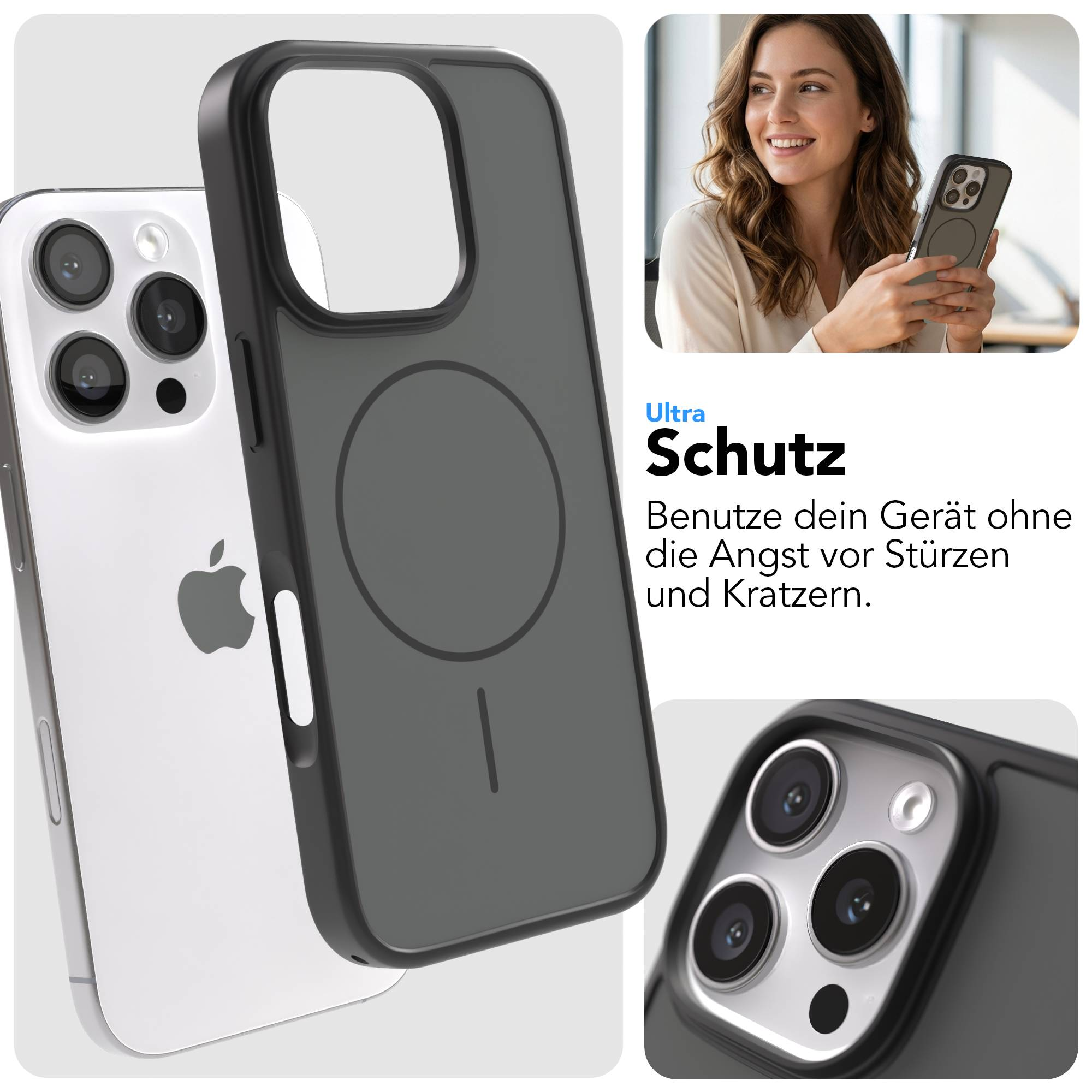 Transparentes Handycover mit schwarzem Rand, das ein iPhone zeigt.