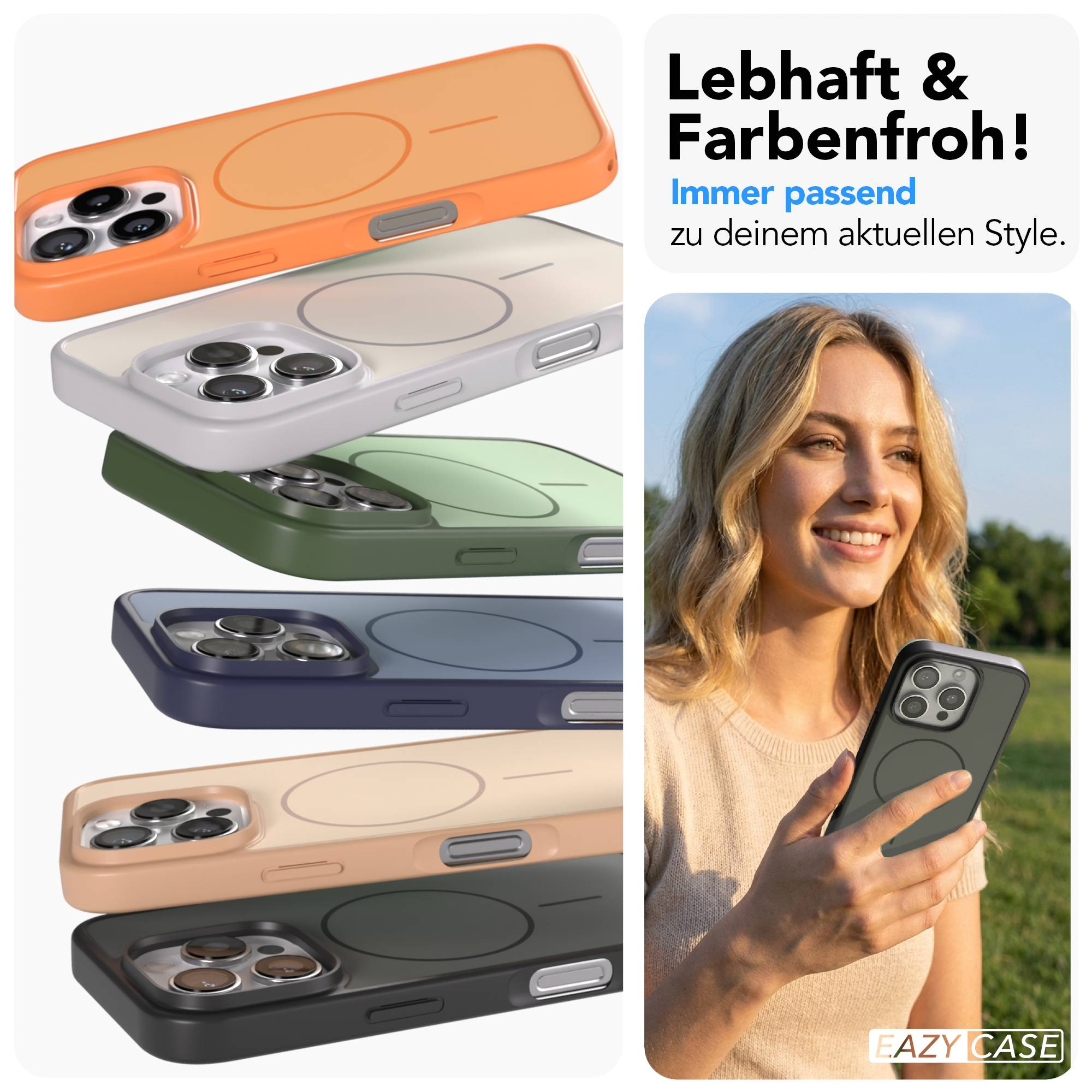 Stapel von Handyhüllen in verschiedenen Farben, eine Frau hält eine Hülle.