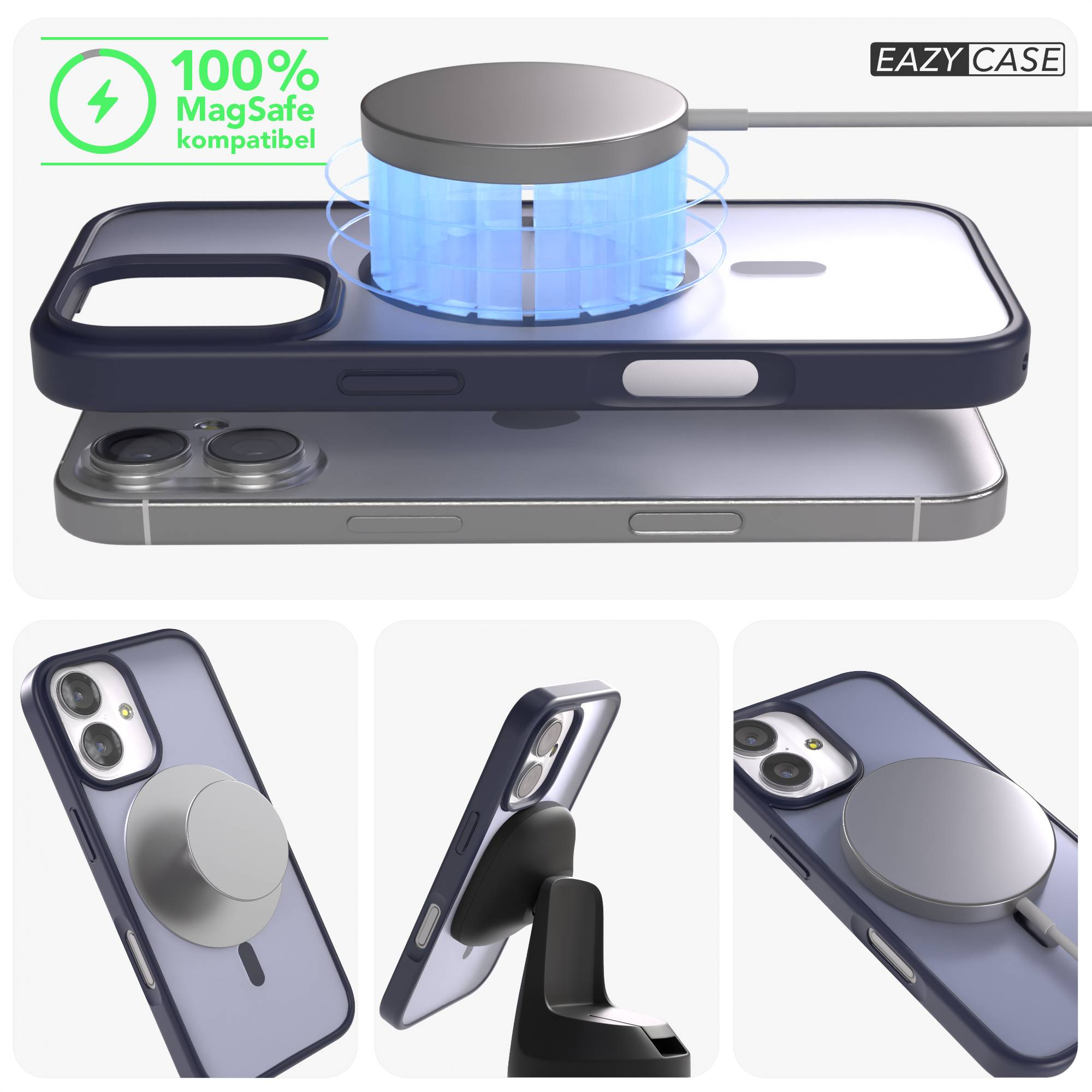 iPhone mit MagSafe-Ladegerät und transparentem Gehäuse, verschiedene Ansichten.