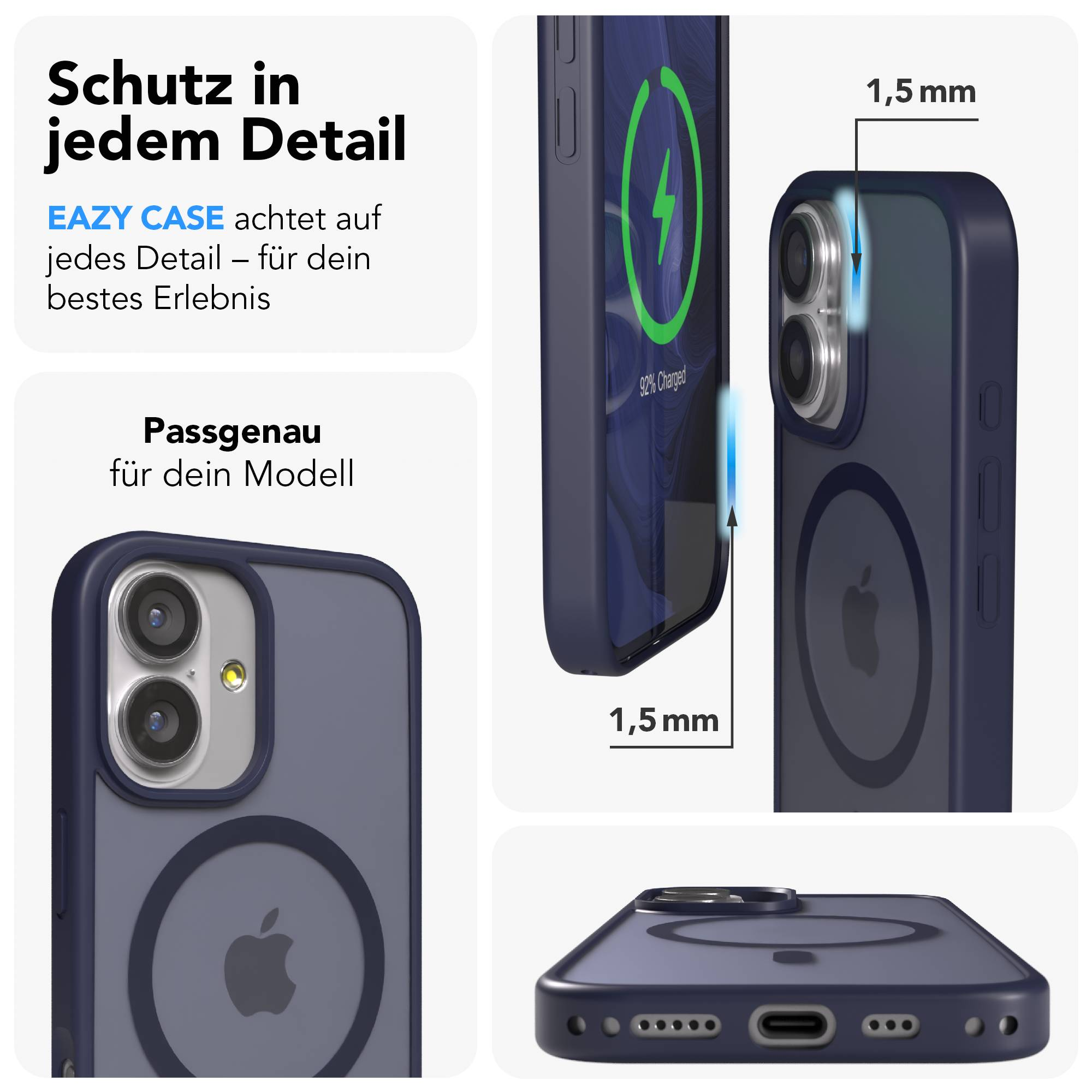Dunkelblaues Handycase mit Apple-Logo, Kamera-Ausschnitt und Ladeanzeige.
