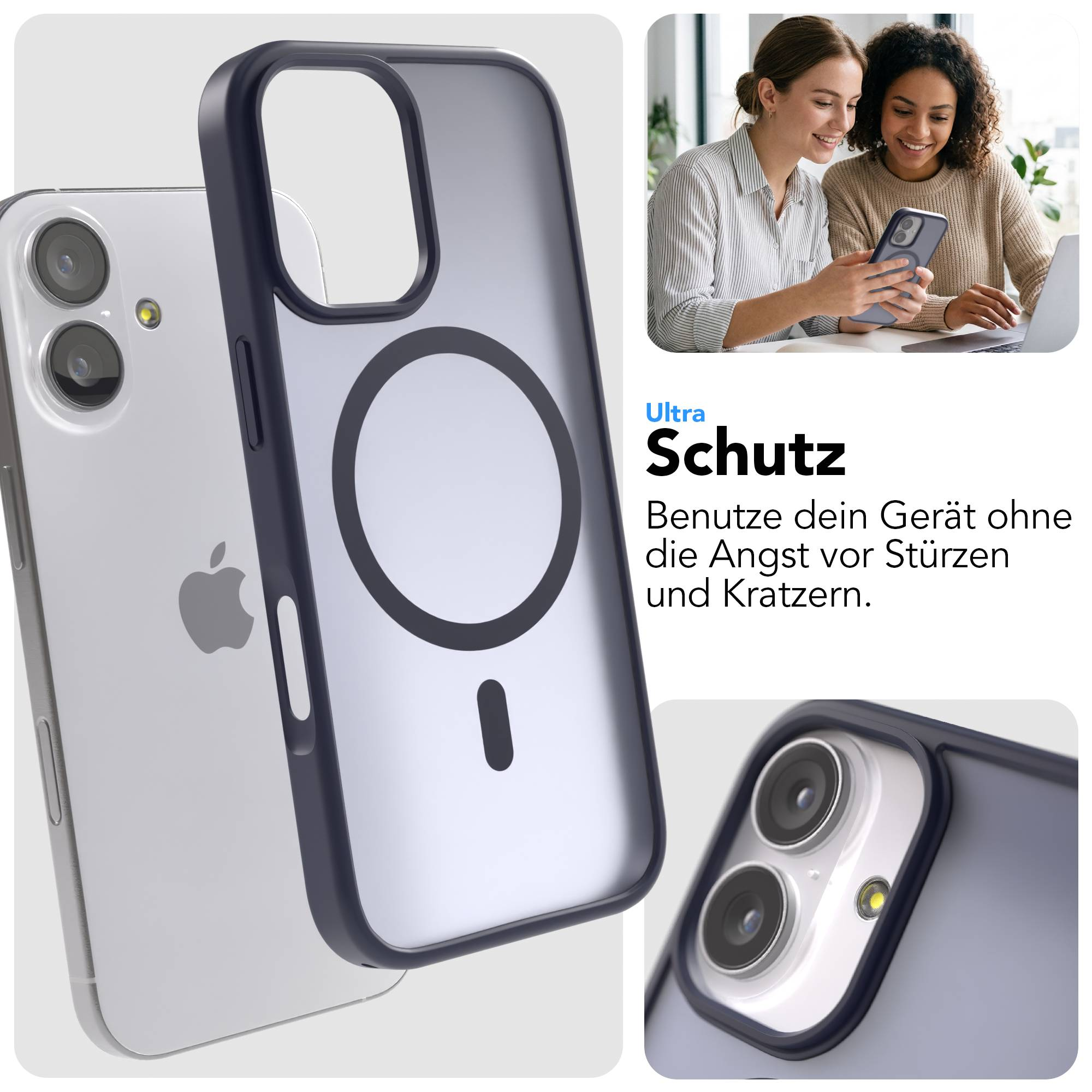 Ein iPhone mit Hülle und ein Ausschnitt der Rückseite mit Kameras.