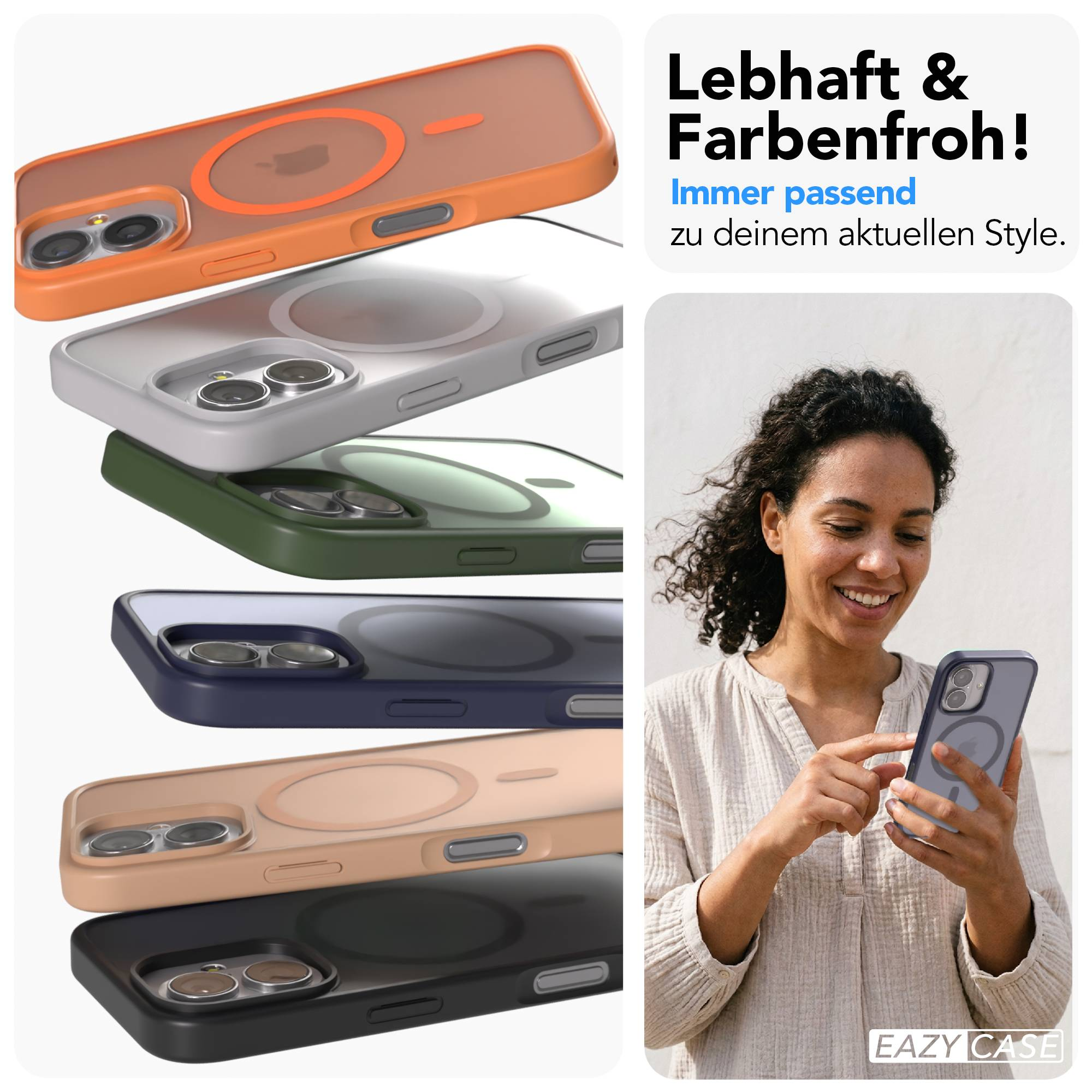 Fünf iPhone-Hüllen in verschiedenen Farben gestapelt, eine Frau hält ein Handy.