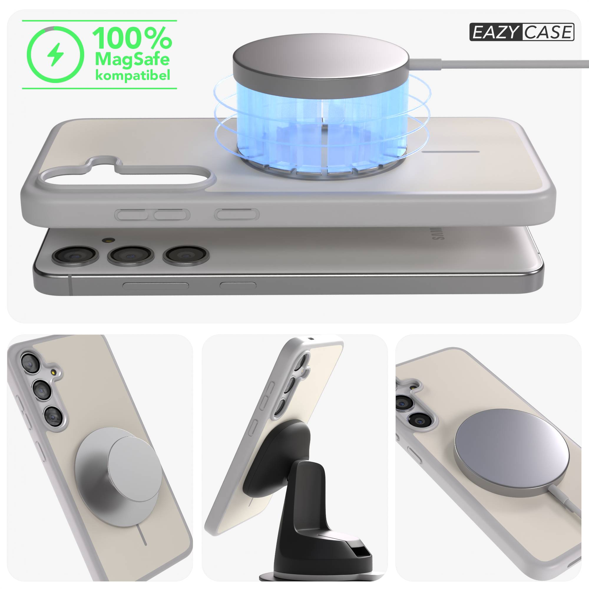 Ein MagSafe-kompatibles Ladegerät wird auf einem hellen Handy gezeigt.